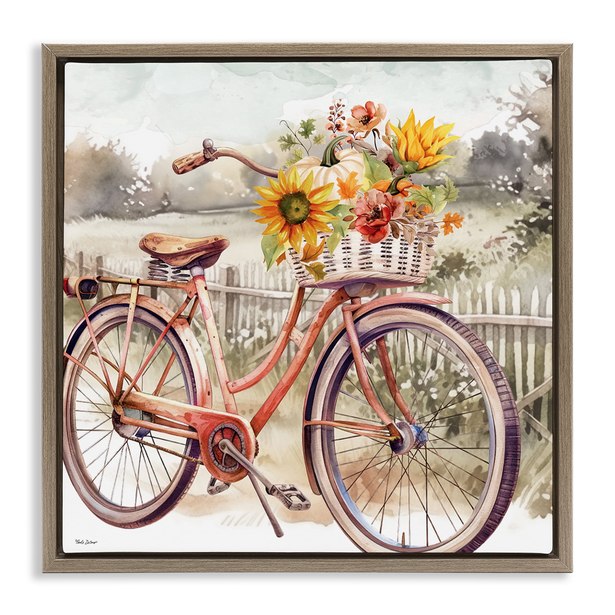 Stupell Industries Autumn Floral Bicycle Botanical & Floral Painting Brown Floater Framed Canvas Art Prints Wall Art, 18 x 18