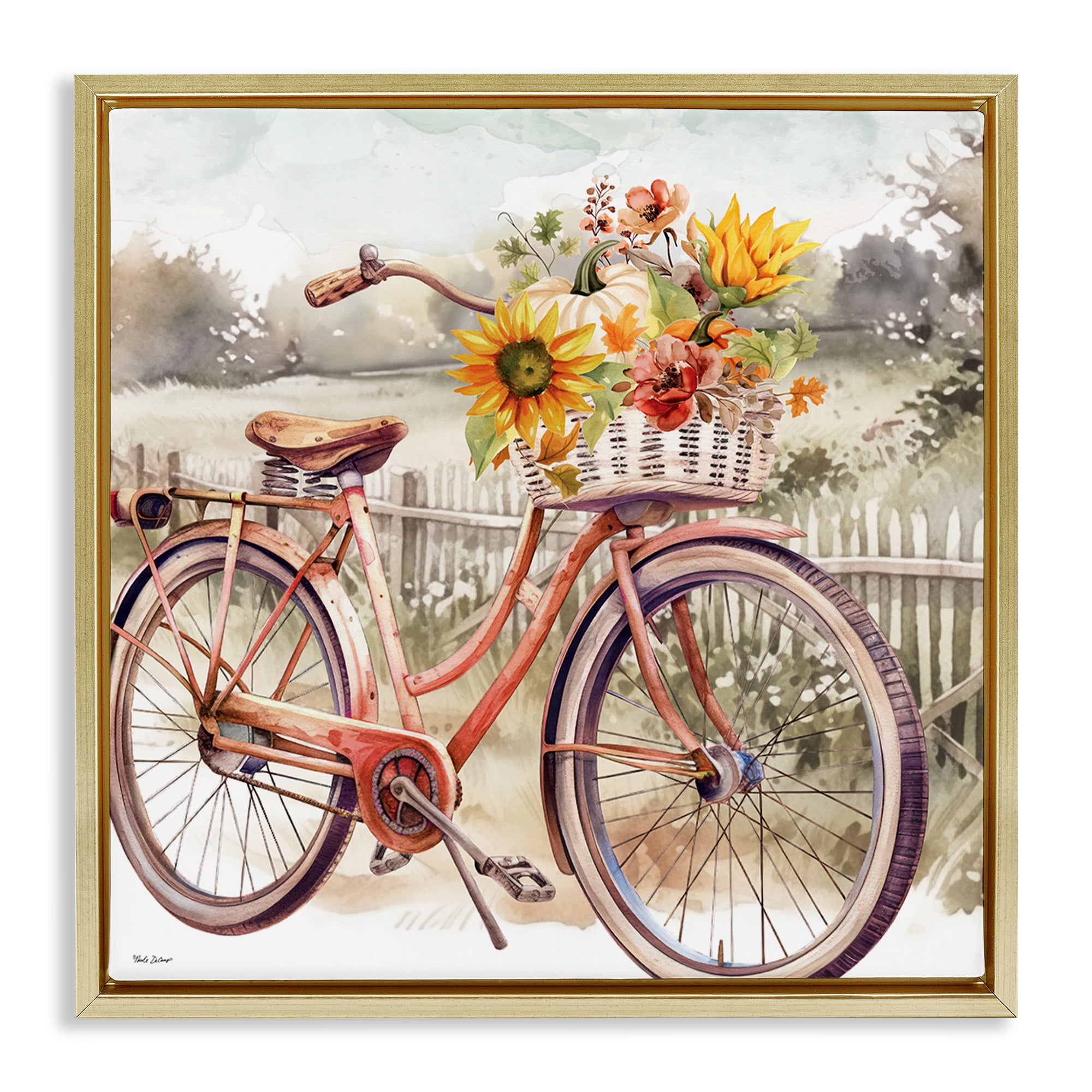 Stupell Industries Autumn Floral Bicycle Botanical & Floral Painting Gold Floater Framed Canvas Art Prints Wall Art, 18 x 18