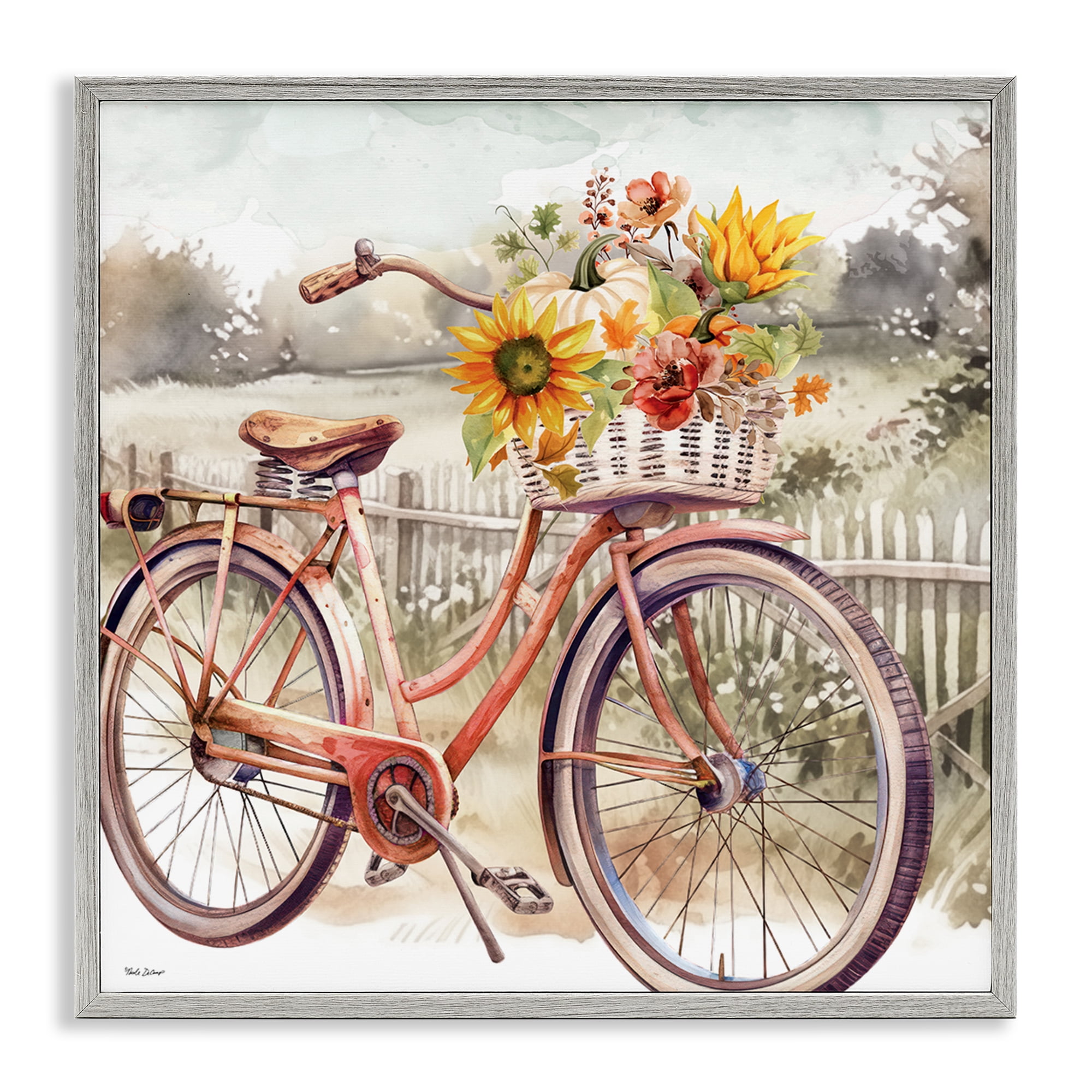 Stupell Industries Autumn Floral Bicycle Botanical & Floral Painting Gray Framed Art Prints Wall Art, 12 x 12