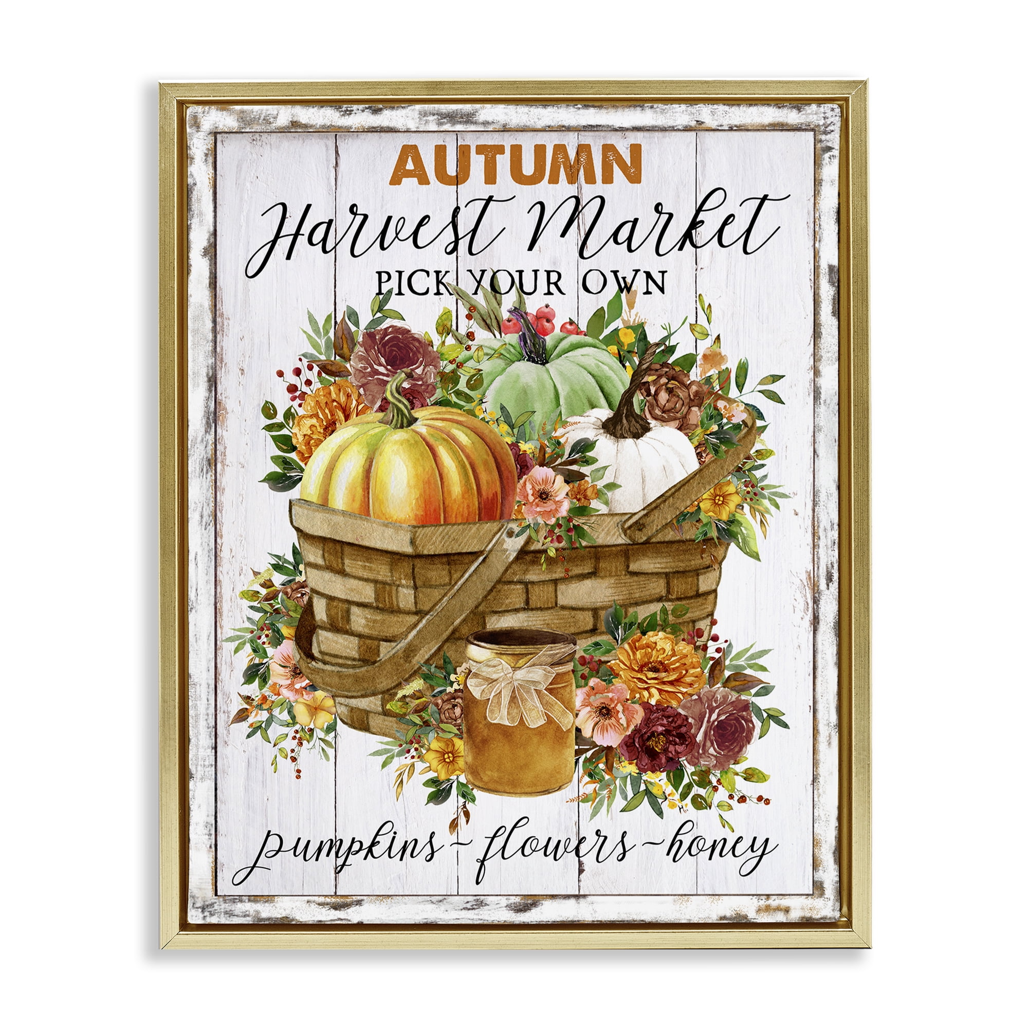 Stupell Industries Autumn Floral Market Holiday Painting Gold Floater Framed Canvas Art Prints Wall Art, 25 x 31
