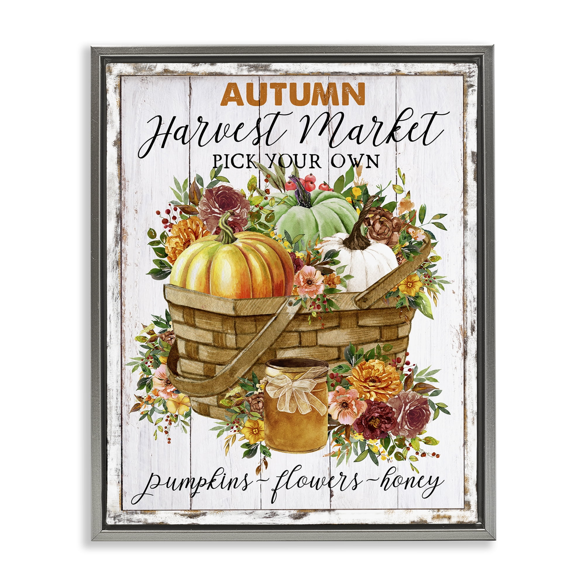 Stupell Industries Autumn Floral Market Holiday Painting Gray Floater Framed Canvas Art Prints Wall Art, 17 x 21