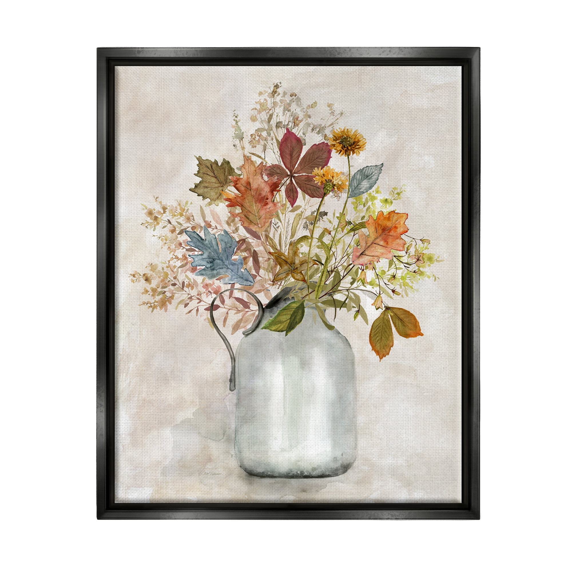 Stupell Industries Autumn Florals in Jug Botanical & Floral Painting Black Floater Framed Canvas Art Print Wall Art, 25 x 31