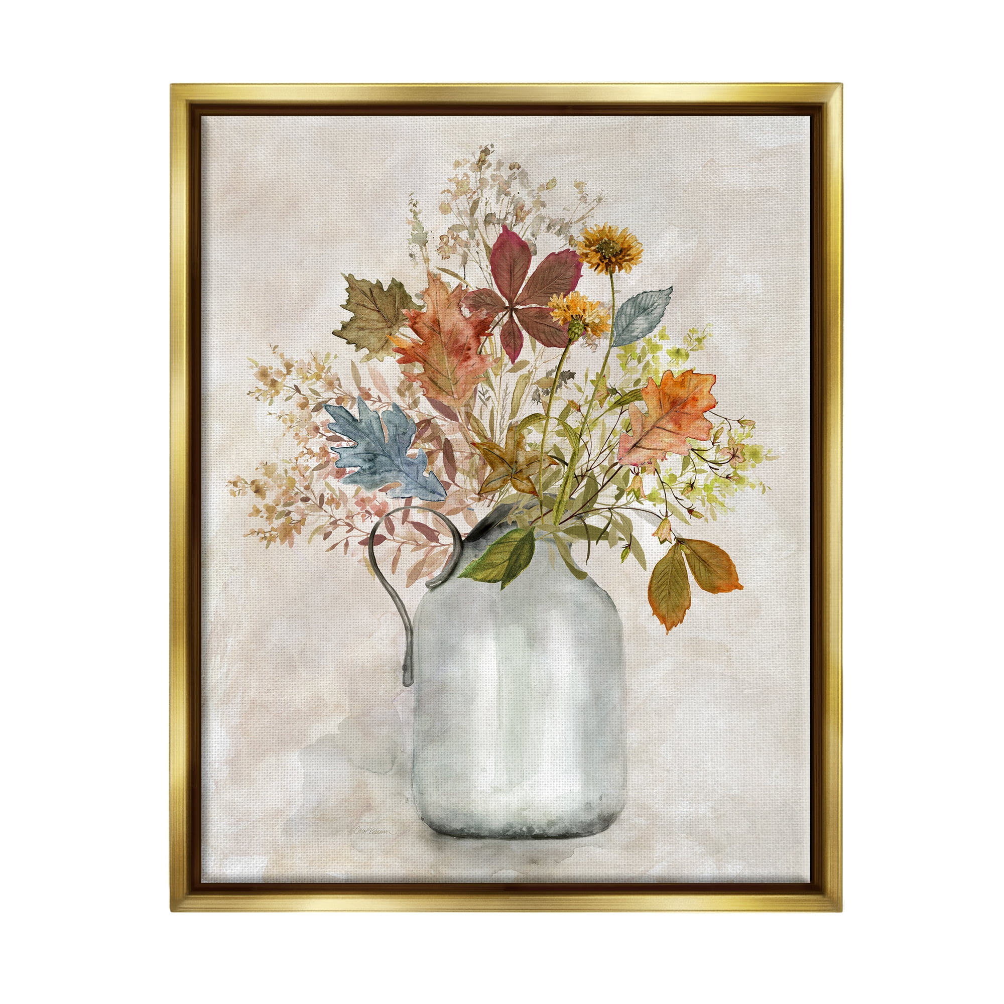 Stupell Industries Autumn Florals in Jug Botanical & Floral Painting Gold Floater Framed Canvas Art Print Wall Art, 17 x 21