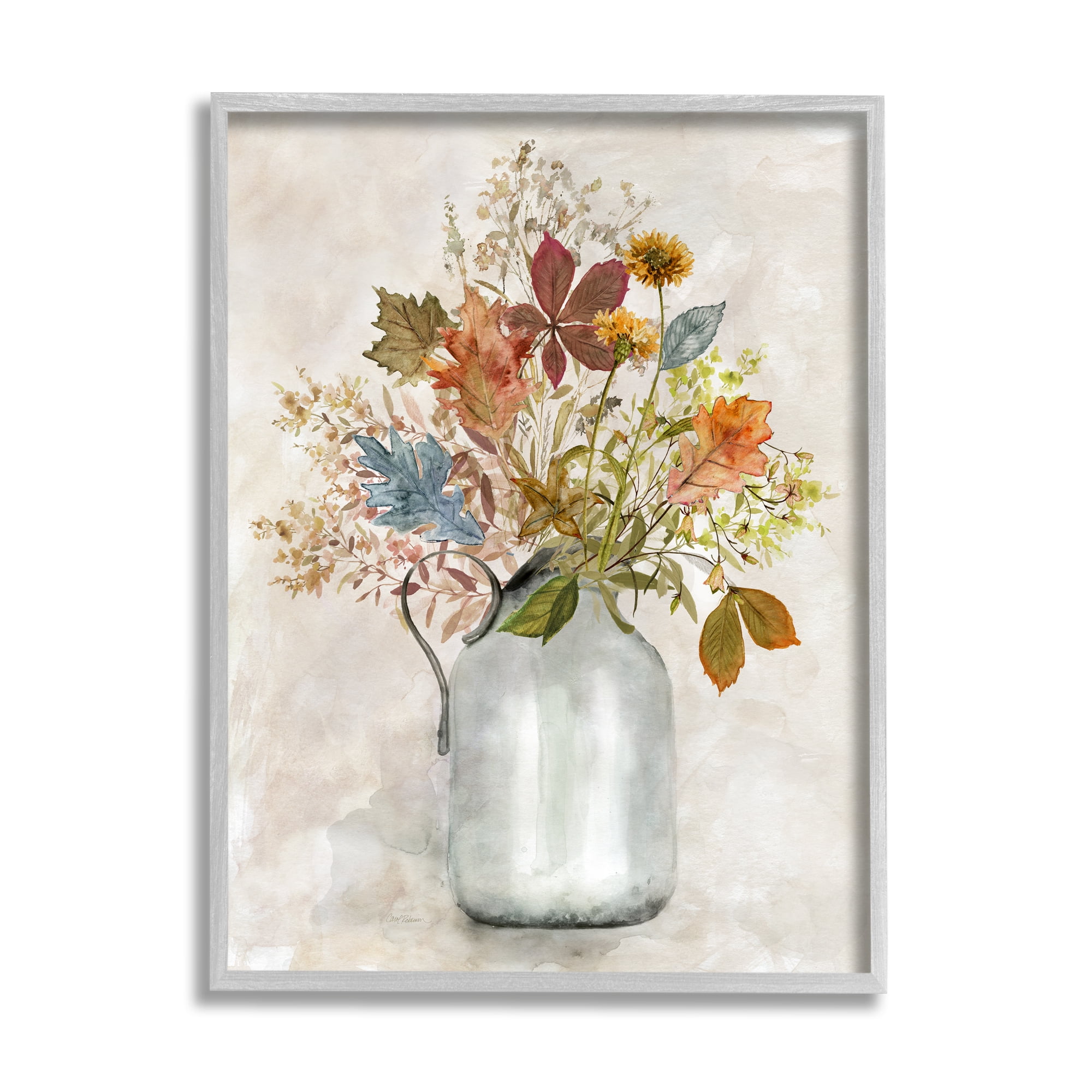 Stupell Industries Autumn Florals in Jug Botanical & Floral Painting Gray Framed Art Print Wall Art, 11 x 14