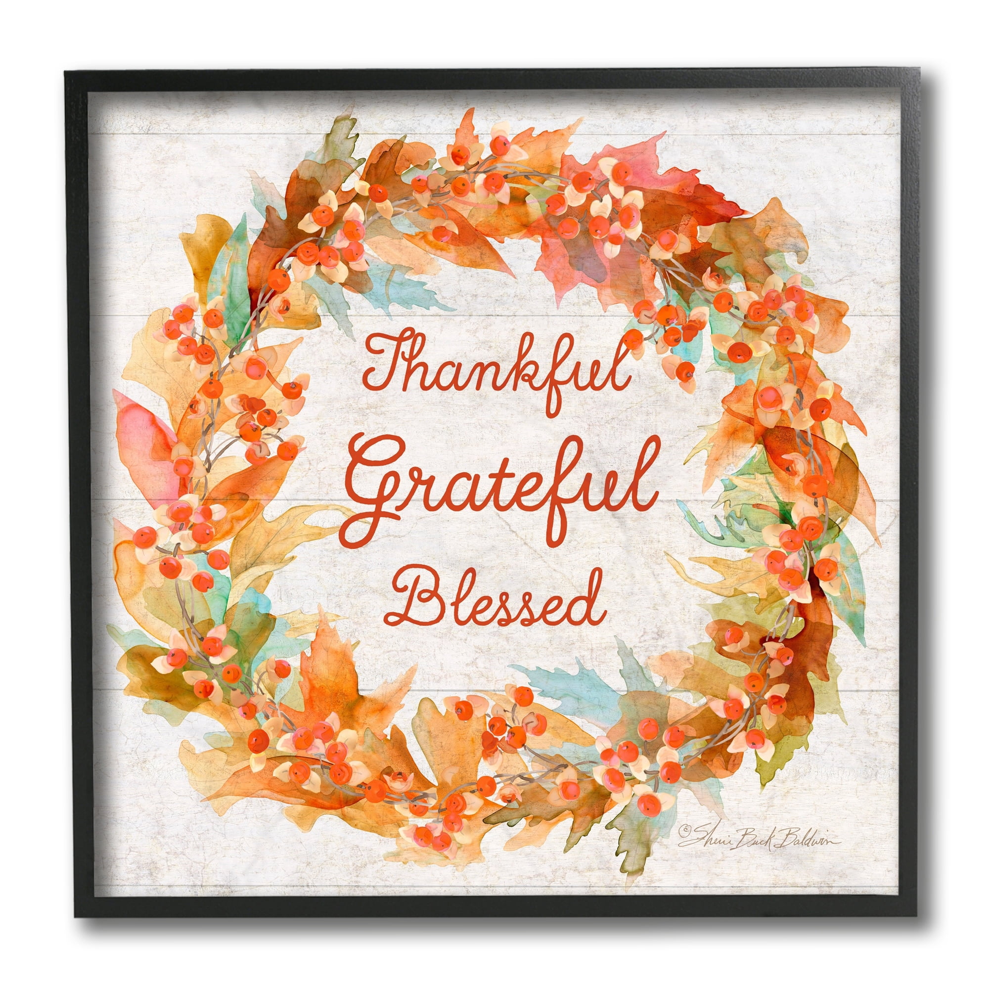 Stupell Industries Autumn Foliage Wreath Thankful Grateful Blessed Text Typography Painting Black Framed Art Print Wall Art, 12 x 12