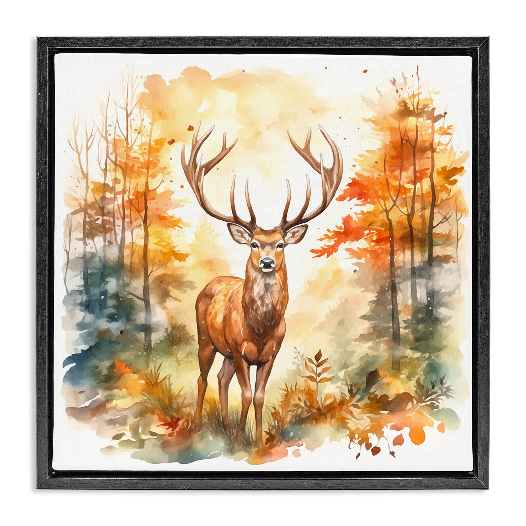Stupell Industries Autumn Forest Stag Landscape Painting Black Floater Framed Canvas Art Print Wall Art, 18 x 18