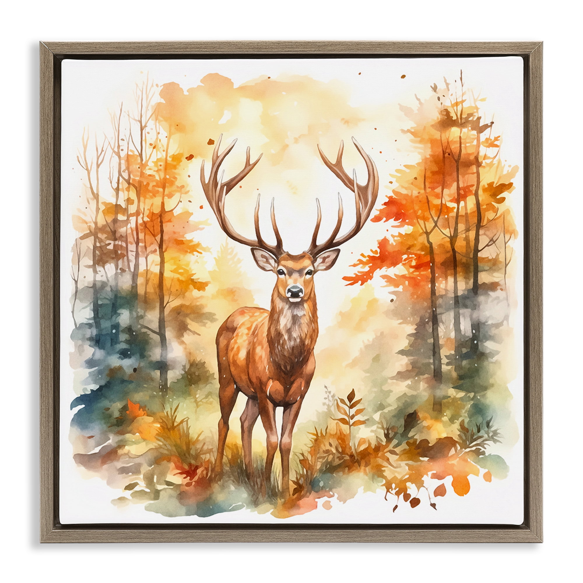 Stupell Industries Autumn Forest Stag Landscape Painting Brown Floater Framed Canvas Art Print Wall Art, 18 x 18