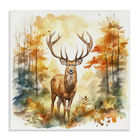 Stupell Industries Autumn Forest Stag Landscape Painting Gallery Wrapped Canvas Art Print Wall Art, 17 x 17
