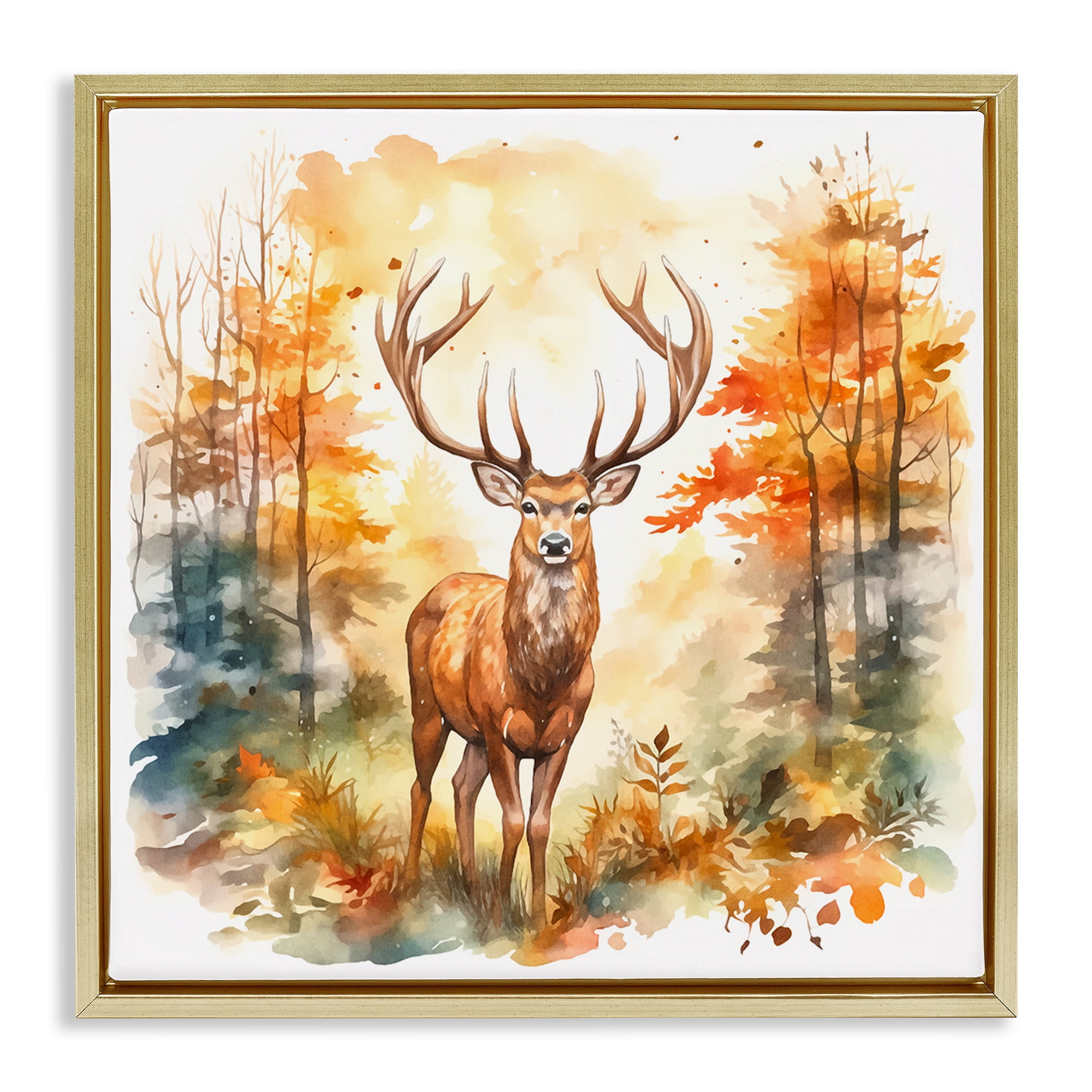 Stupell Industries Autumn Forest Stag Landscape Painting Gold Floater Framed Canvas Art Print Wall Art, 25 x 25