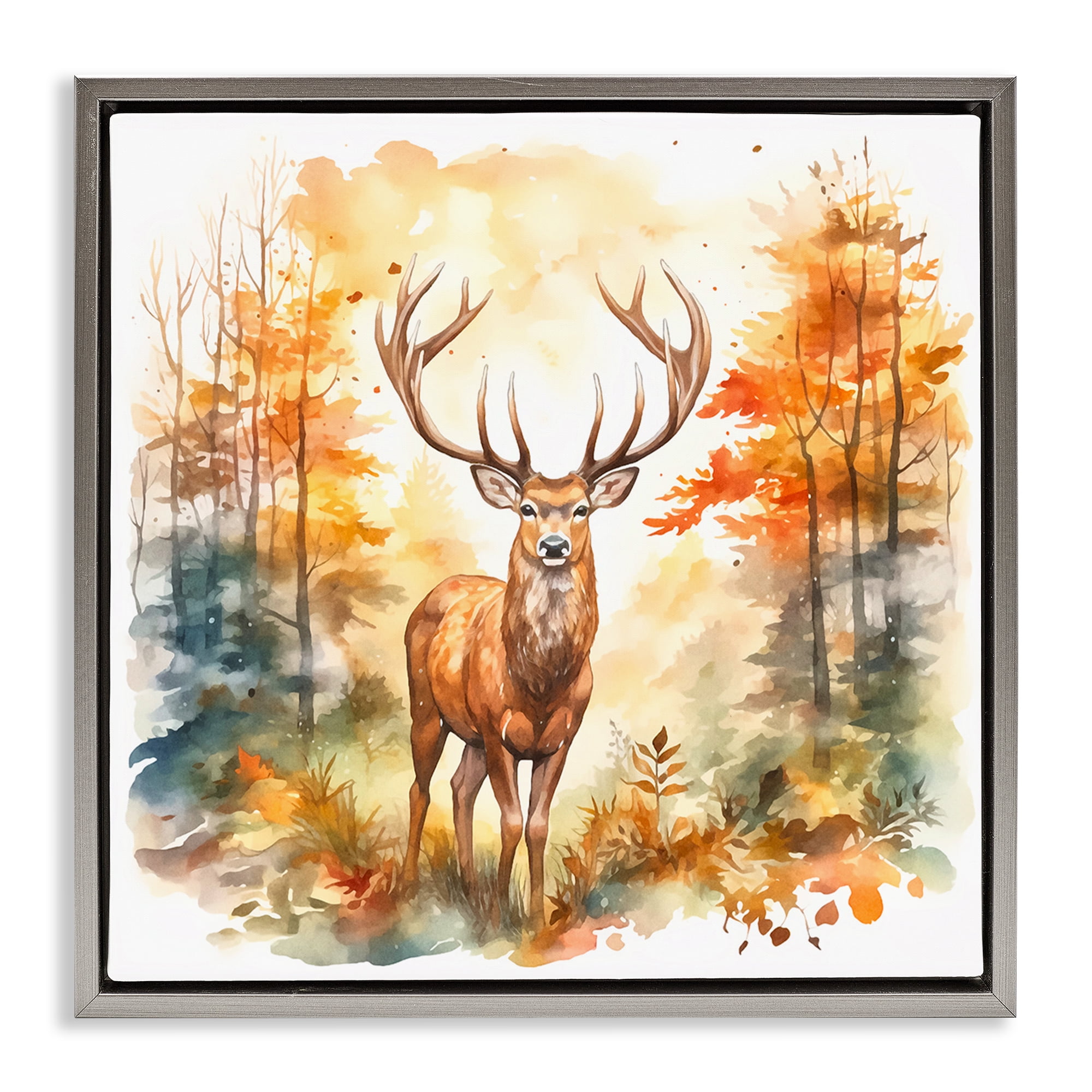 Stupell Industries Autumn Forest Stag Landscape Painting Gray Floater Framed Canvas Art Print Wall Art, 18 x 18