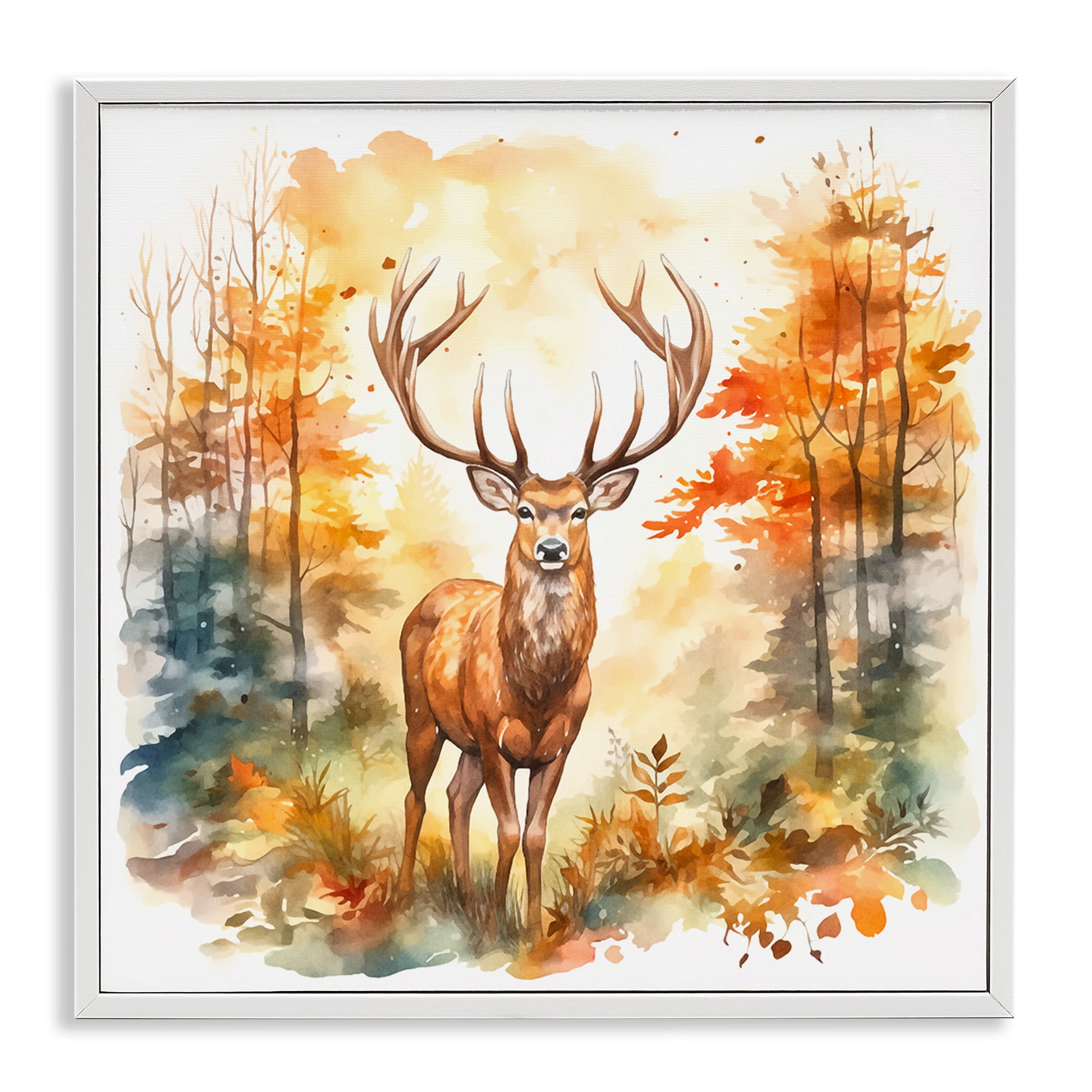 Stupell Industries Autumn Forest Stag Landscape Painting White Framed Art Print Wall Art, 24 x 24