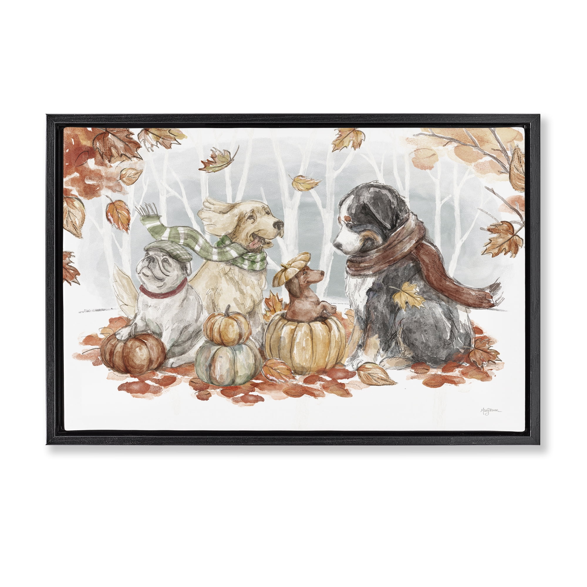 Stupell Industries Autumn Fun Dogs Holiday Painting Black Floater Framed Canvas Art Prints Wall Art, 31 x 21