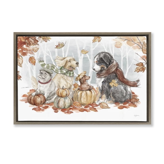 Stupell Industries Autumn Fun Dogs Holiday Painting Brown Floater Framed Canvas Art Prints Wall Art, 25 x 17
