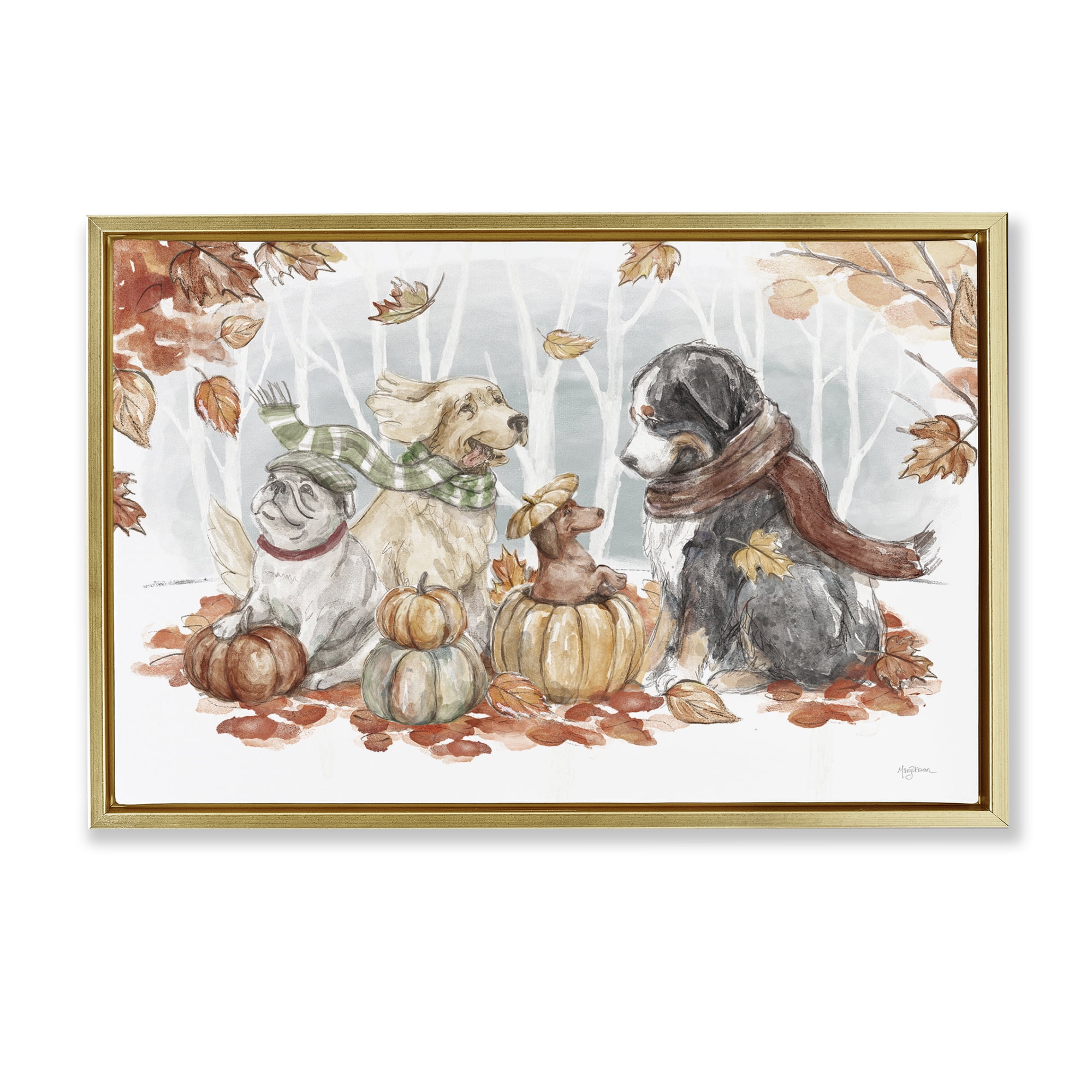 Stupell Industries Autumn Fun Dogs Holiday Painting Gold Floater Framed Canvas Art Prints Wall Art, 25 x 17