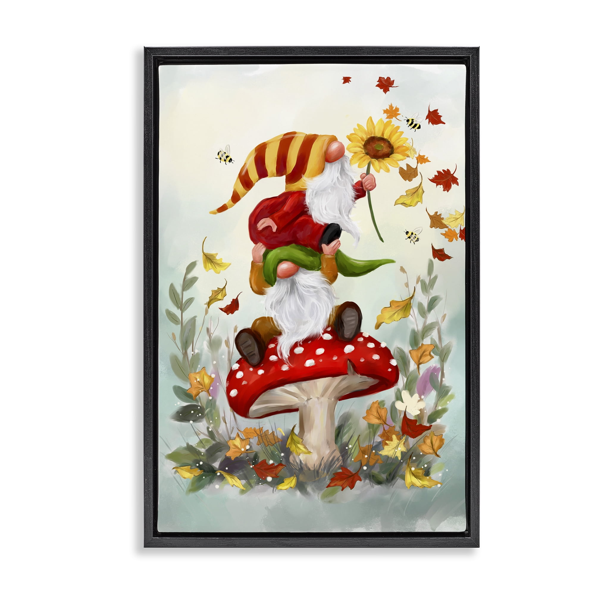 Stupell Industries Autumn Garden Gnome Fairy Tales & Fantasy Painting Black Floater Framed Canvas Art Print Wall Art, 17 x 25