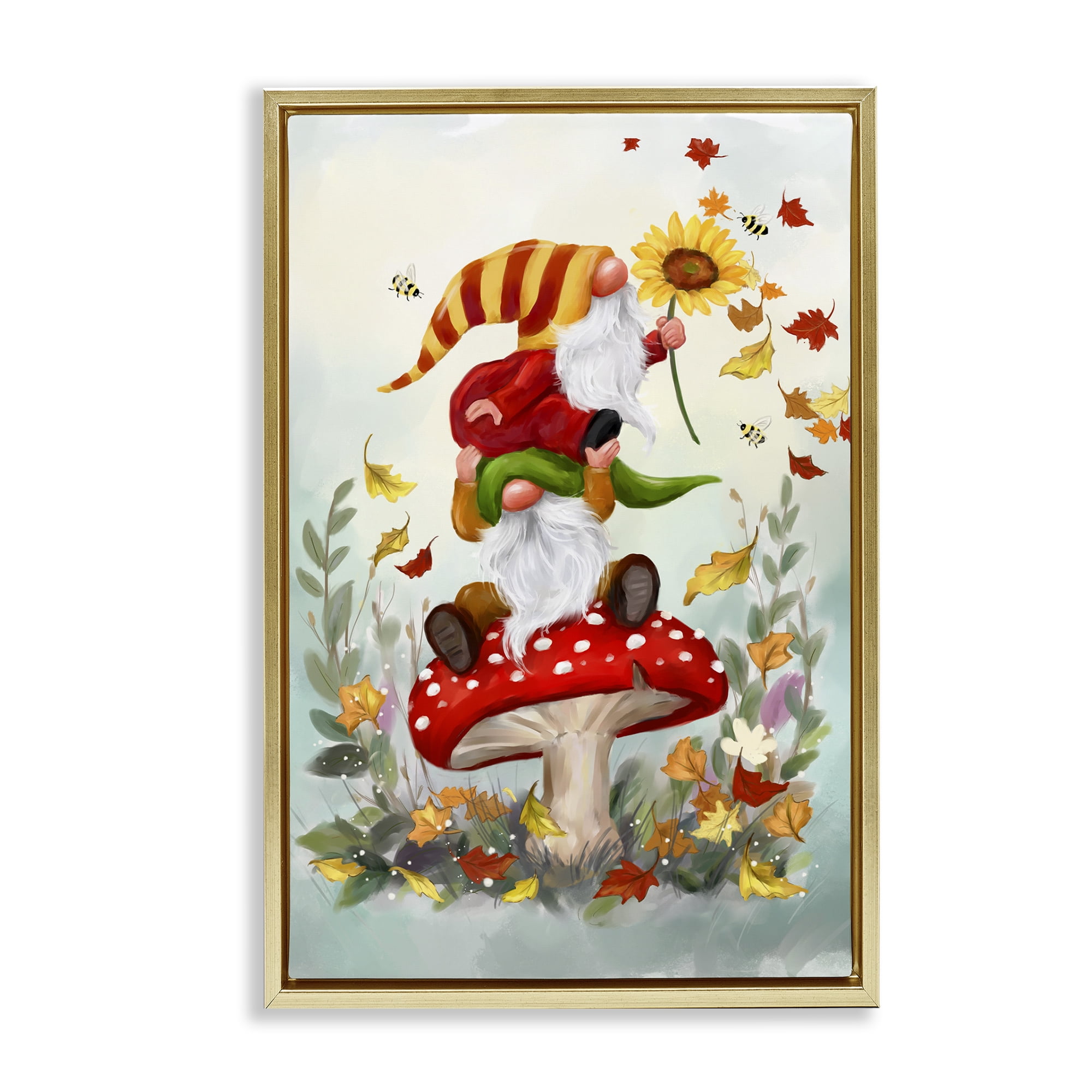 Stupell Industries Autumn Garden Gnome Fairy Tales & Fantasy Painting Gold Floater Framed Canvas Art Print Wall Art, 21 x 31