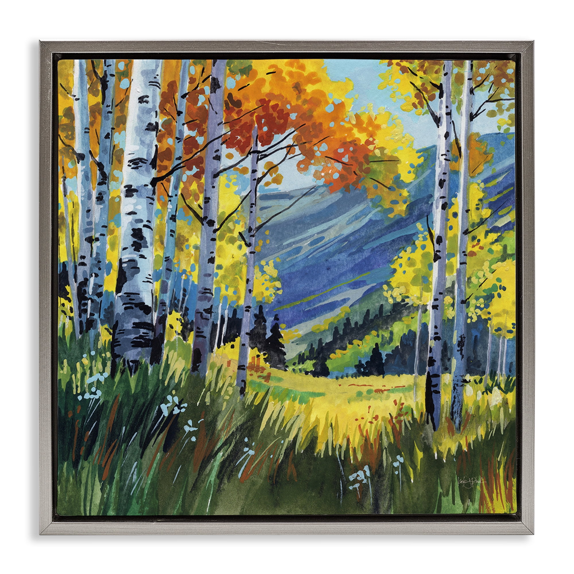 Stupell Industries Autumn Golden Birch Grove Gray Framed Floater Canvas Wall Art, design by Kate Jarvik Birch