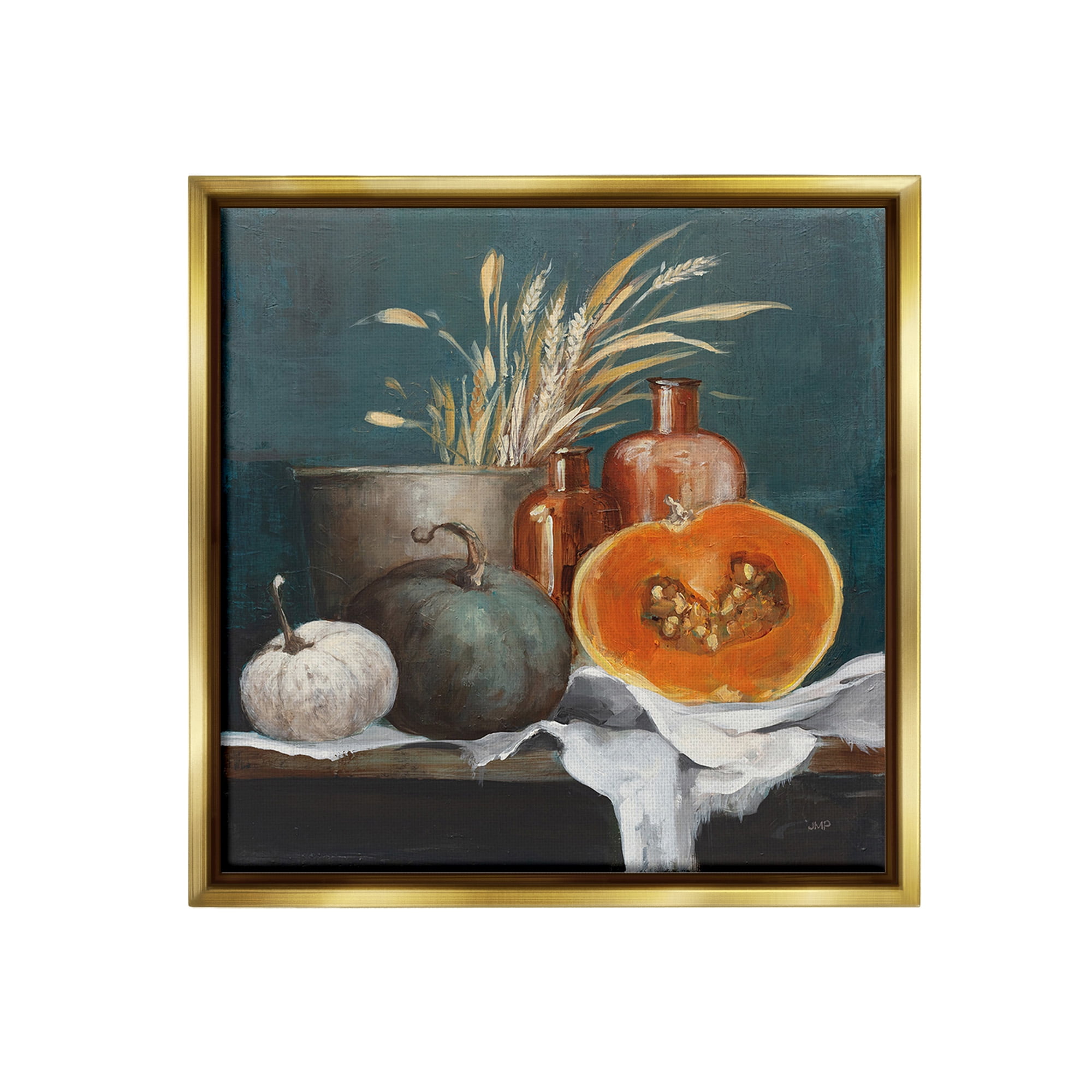 Stupell Industries Autumn Harvest Still Life Botanical & Floral Painting Gold Floater Framed Canvas Art Print Wall Art, 25 x 25