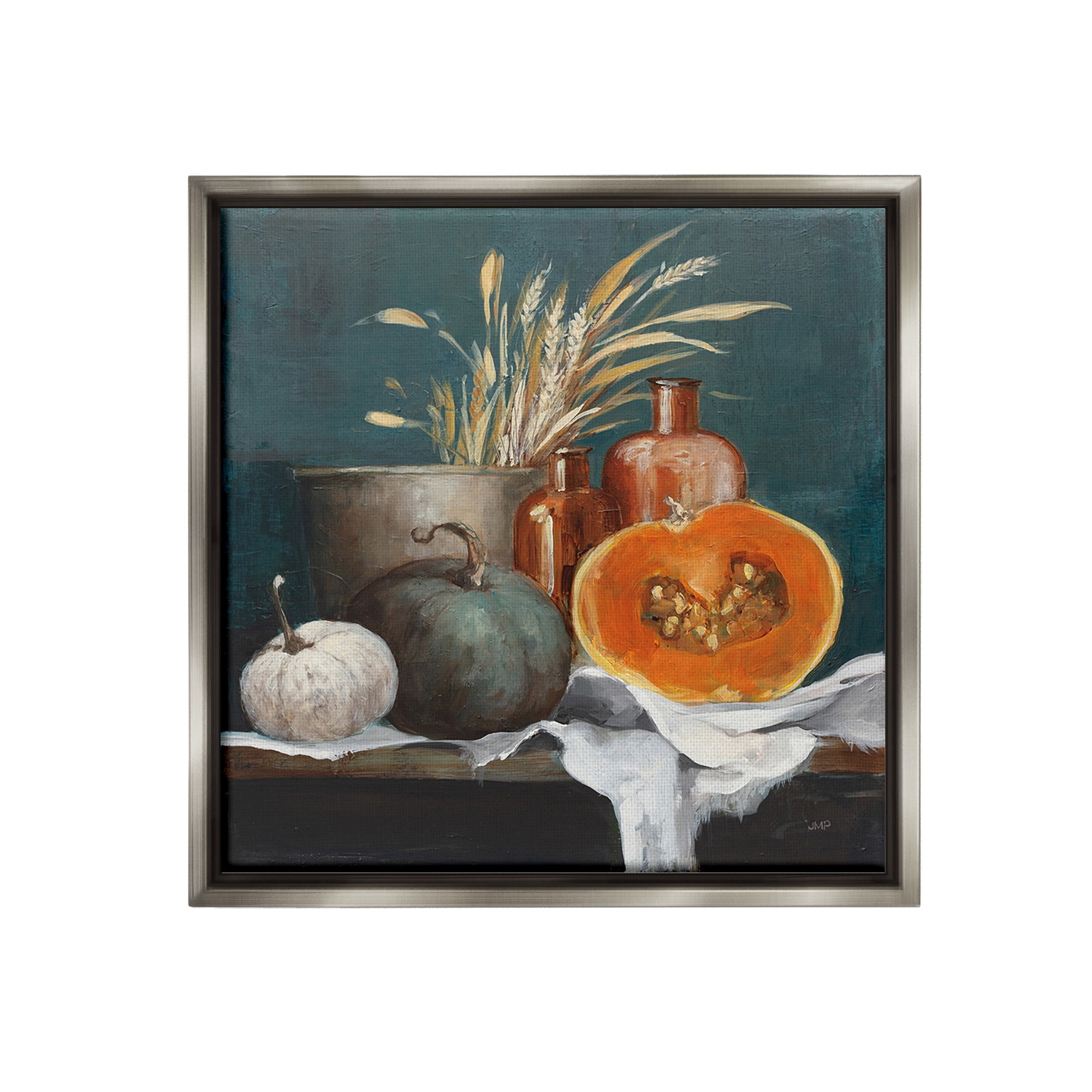 Stupell Industries Autumn Harvest Still Life Botanical & Floral Painting Gray Floater Framed Canvas Art Print Wall Art, 18 x 18