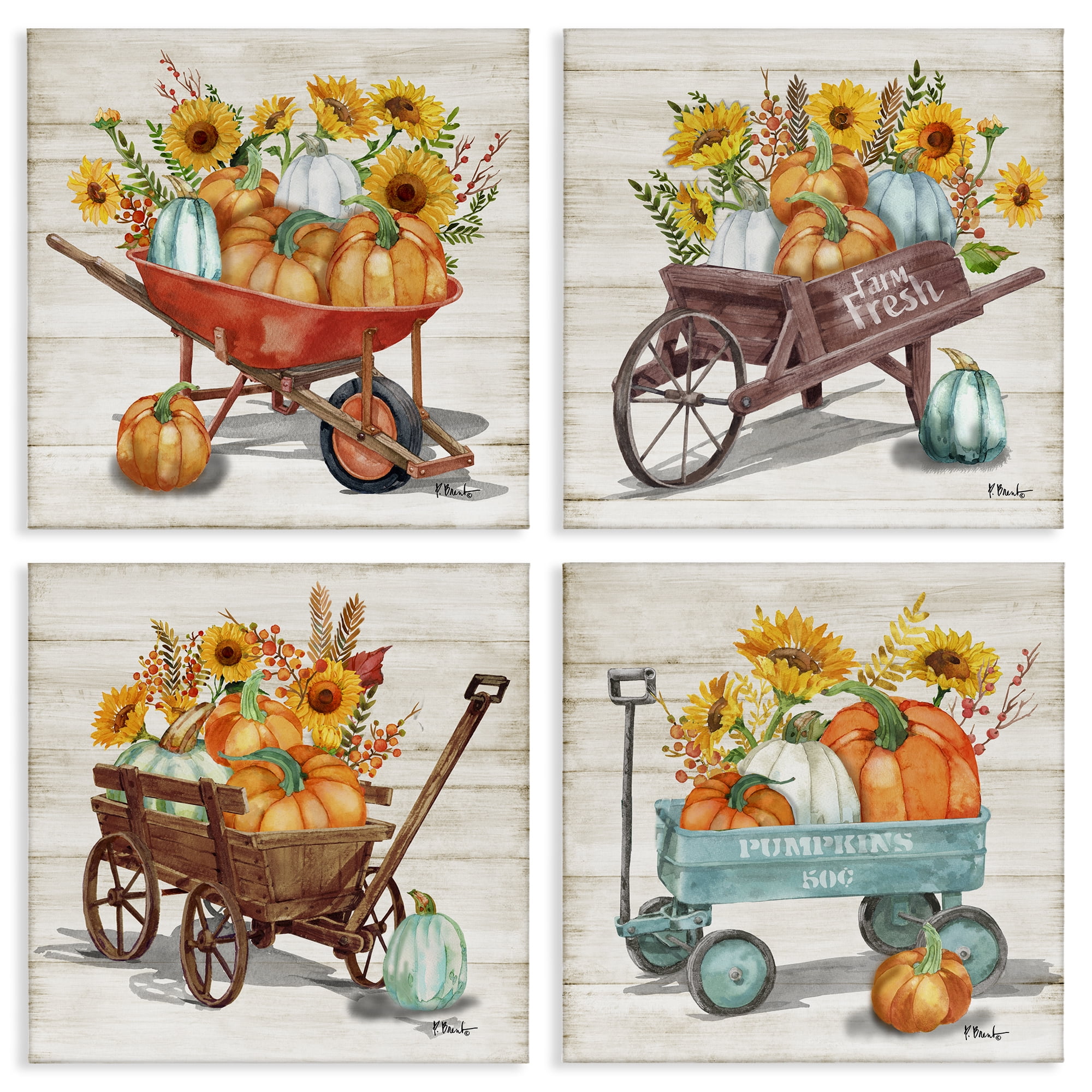 Stupell Industries Autumn Harvest Wagons Botanical & Floral Painting Gallery Wrapped Canvas Art Prints Wall Art, 17 x 17, Set of 4
