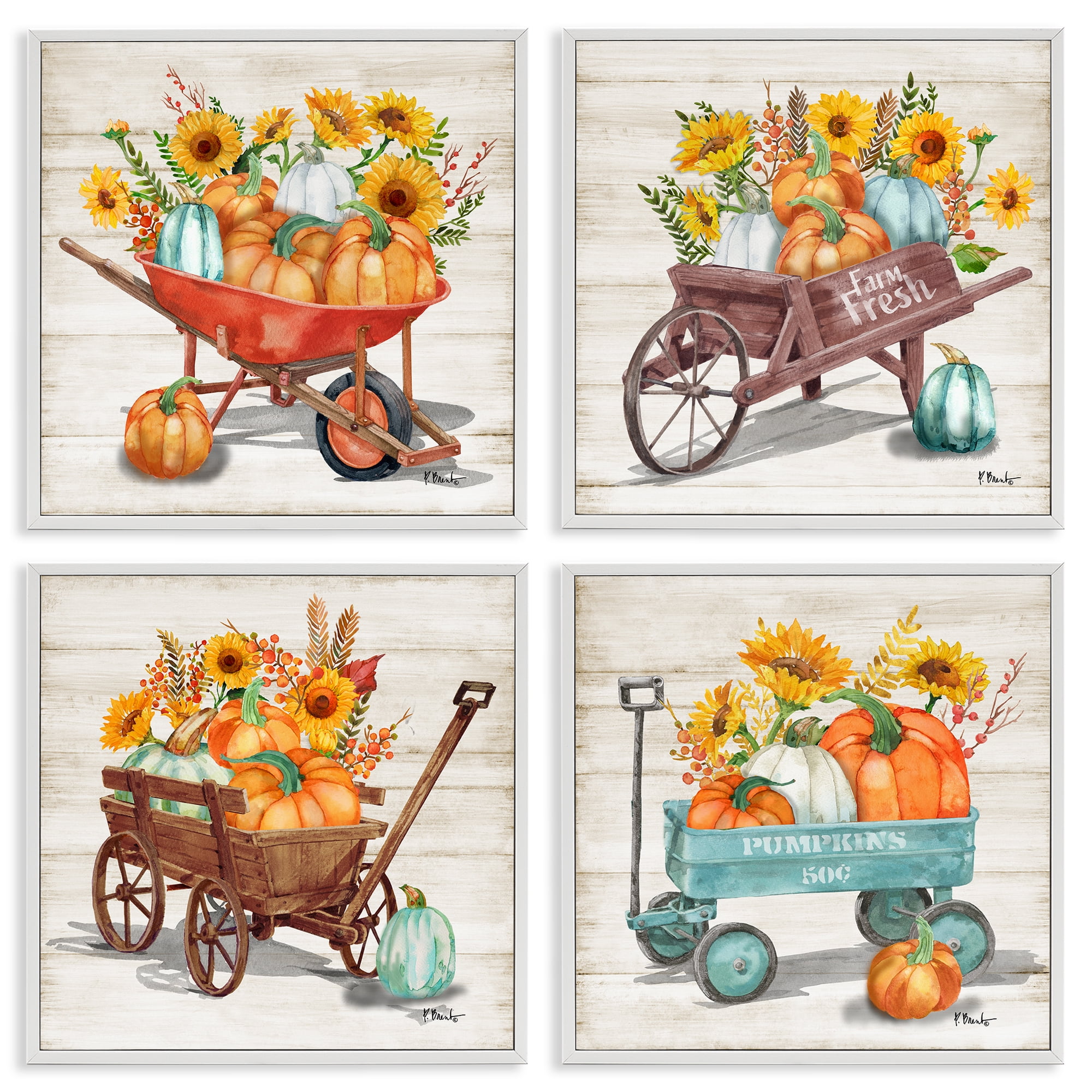 Stupell Industries Autumn Harvest Wagons Botanical & Floral Painting White Framed Art Prints Wall Art, 17 x 17, Set of 4
