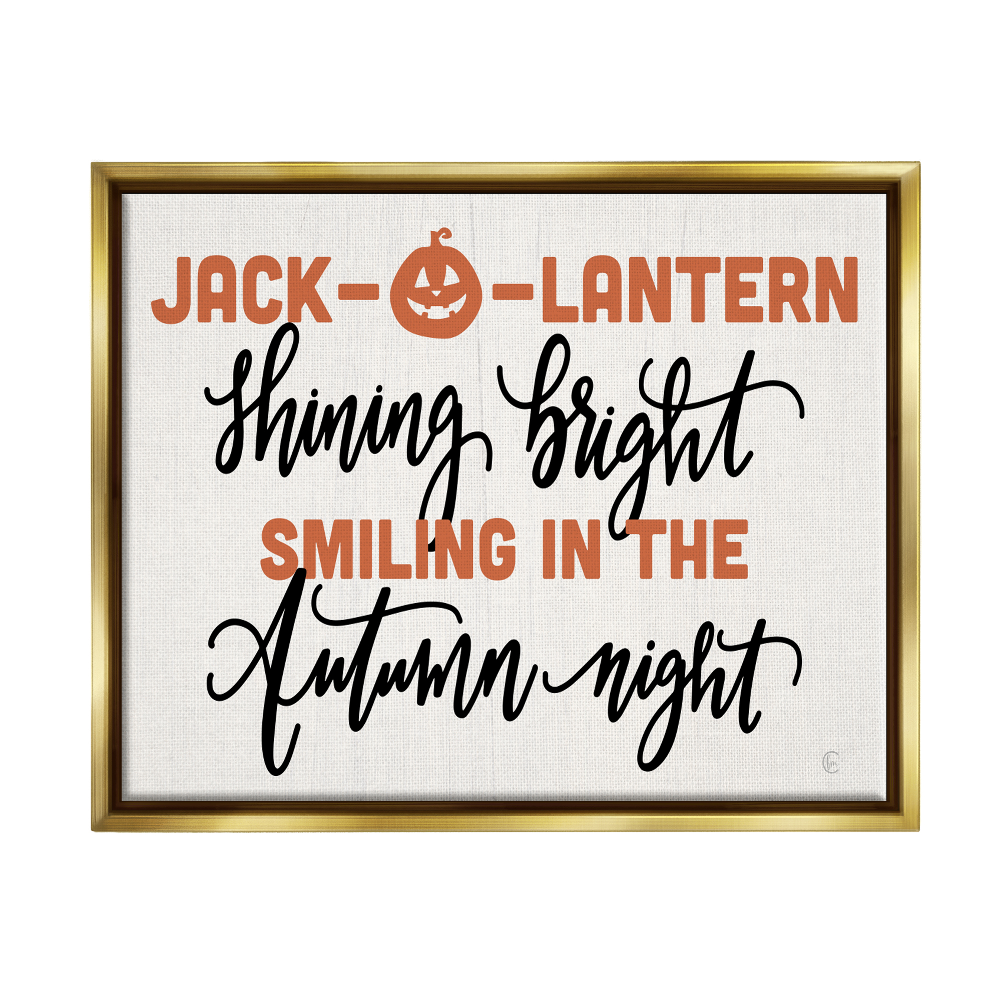 Stupell Industries Autumn Jack-o-Lantern Phrase Holiday Painting Gold Floater Framed Art Print Wall Art, 21 x 17