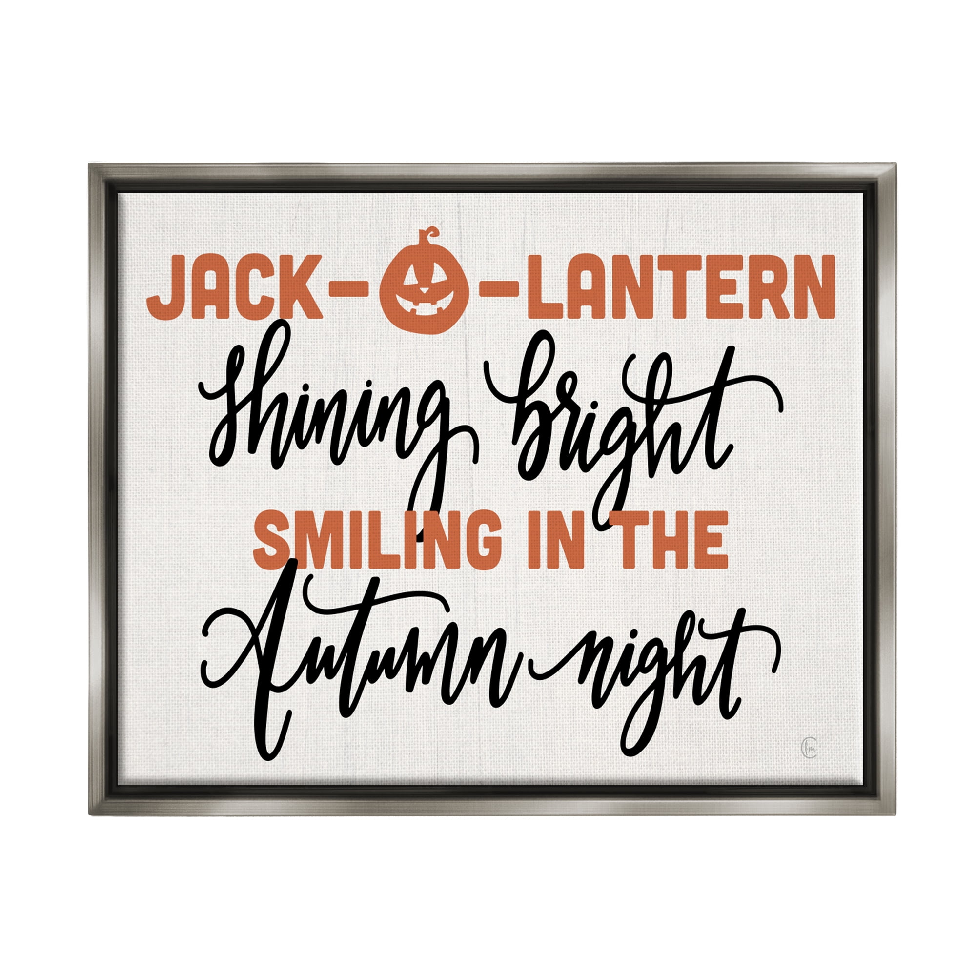 Stupell Industries Autumn Jack-o-Lantern Phrase Holiday Painting Gray Floater Framed Art Print Wall Art, 31 x 25