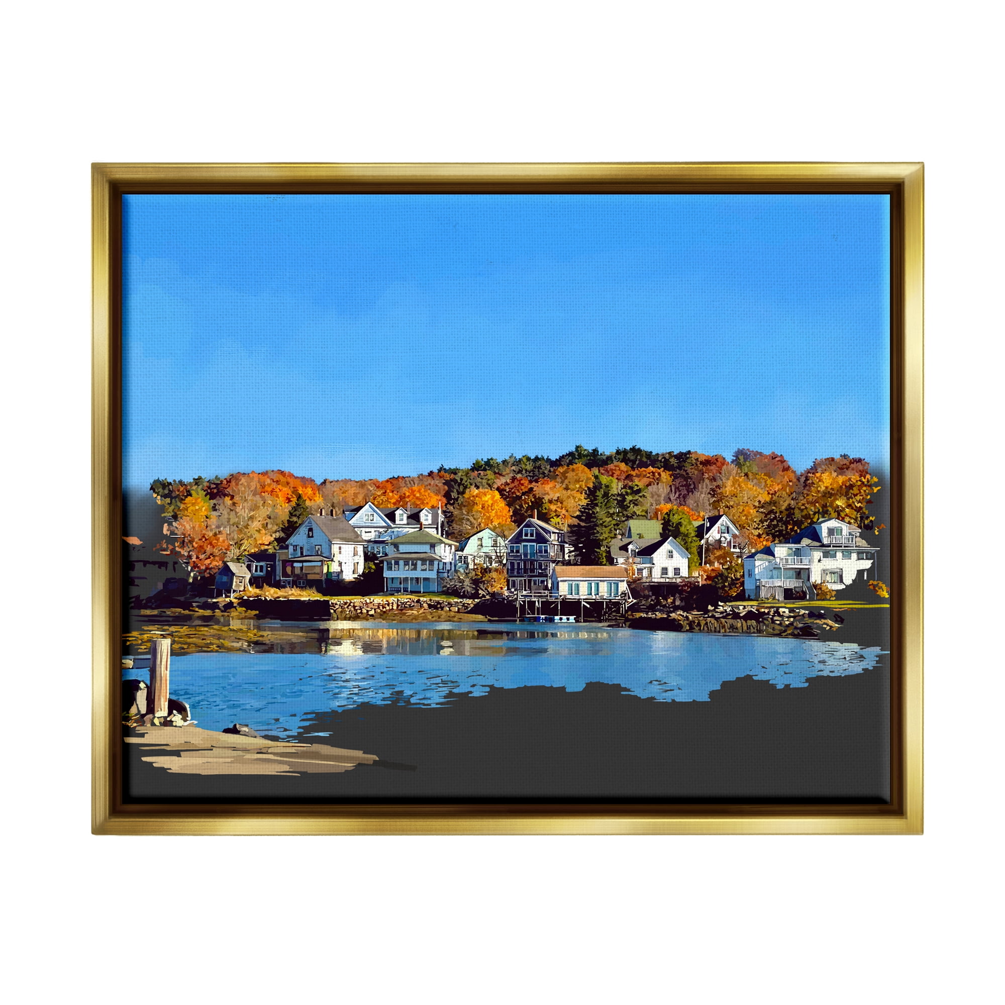 Stupell Industries Autumn Lake Dock Foliage Town & City Photography Gold Floater Framed Art Print Wall Art