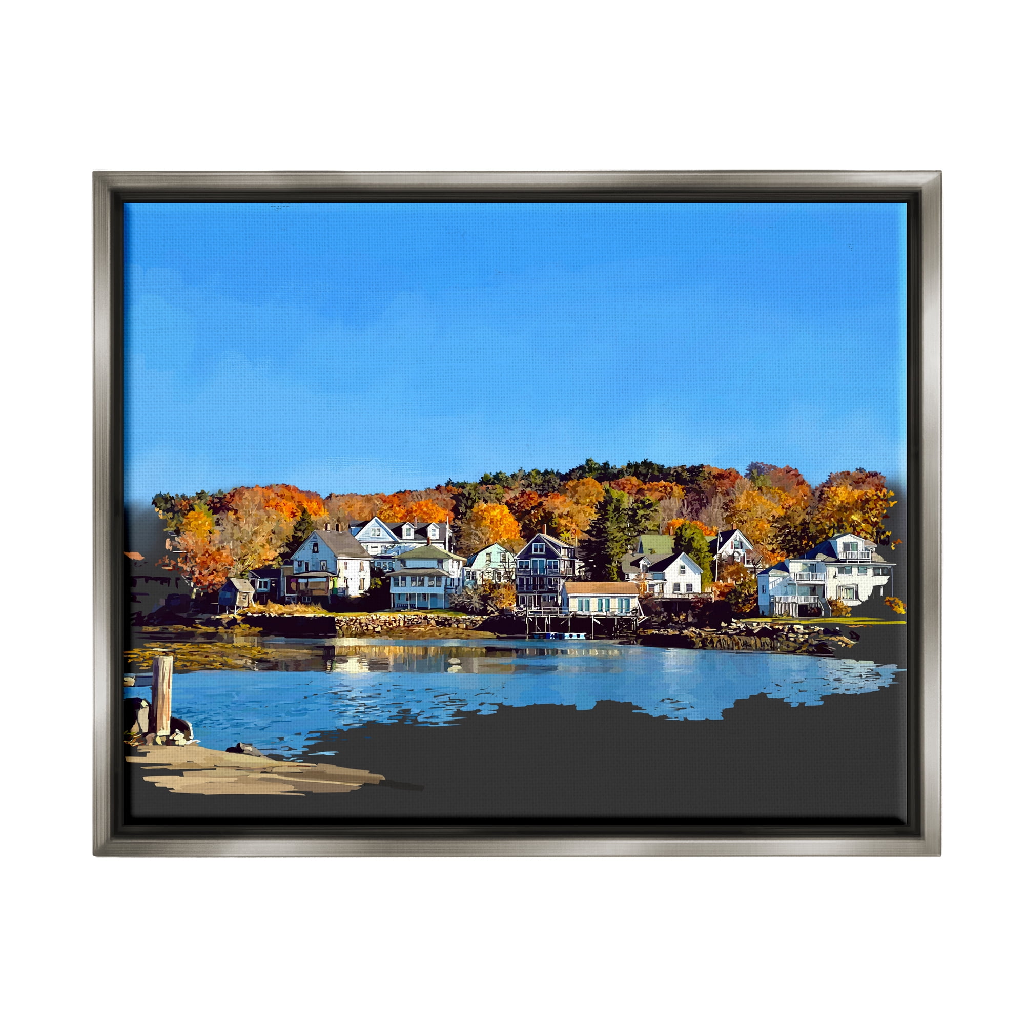 Stupell Industries Autumn Lake Dock Foliage Town & City Photography Gray Floater Framed Art Print Wall Art