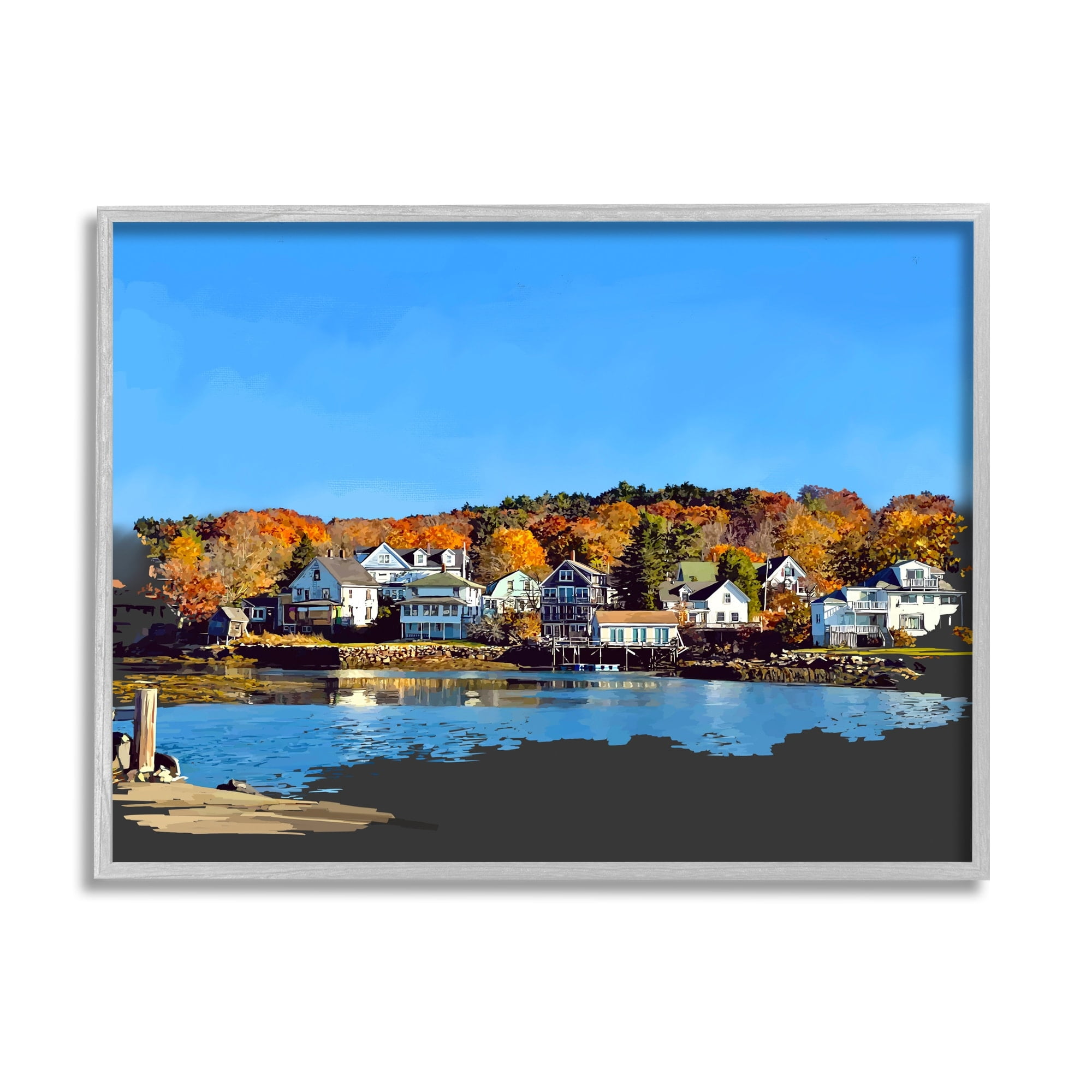 Stupell Industries Autumn Lake Dock Foliage Town & City Photography Gray Framed Art Print Wall Art