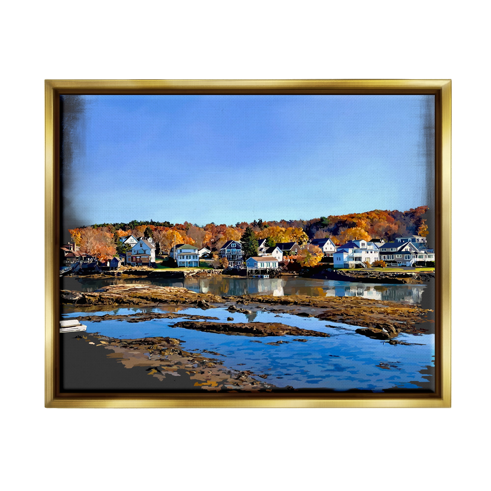 Stupell Industries Autumn Lakeside Foliage Scenery Coastal Photography Gold Floater Framed Art Print Wall Art