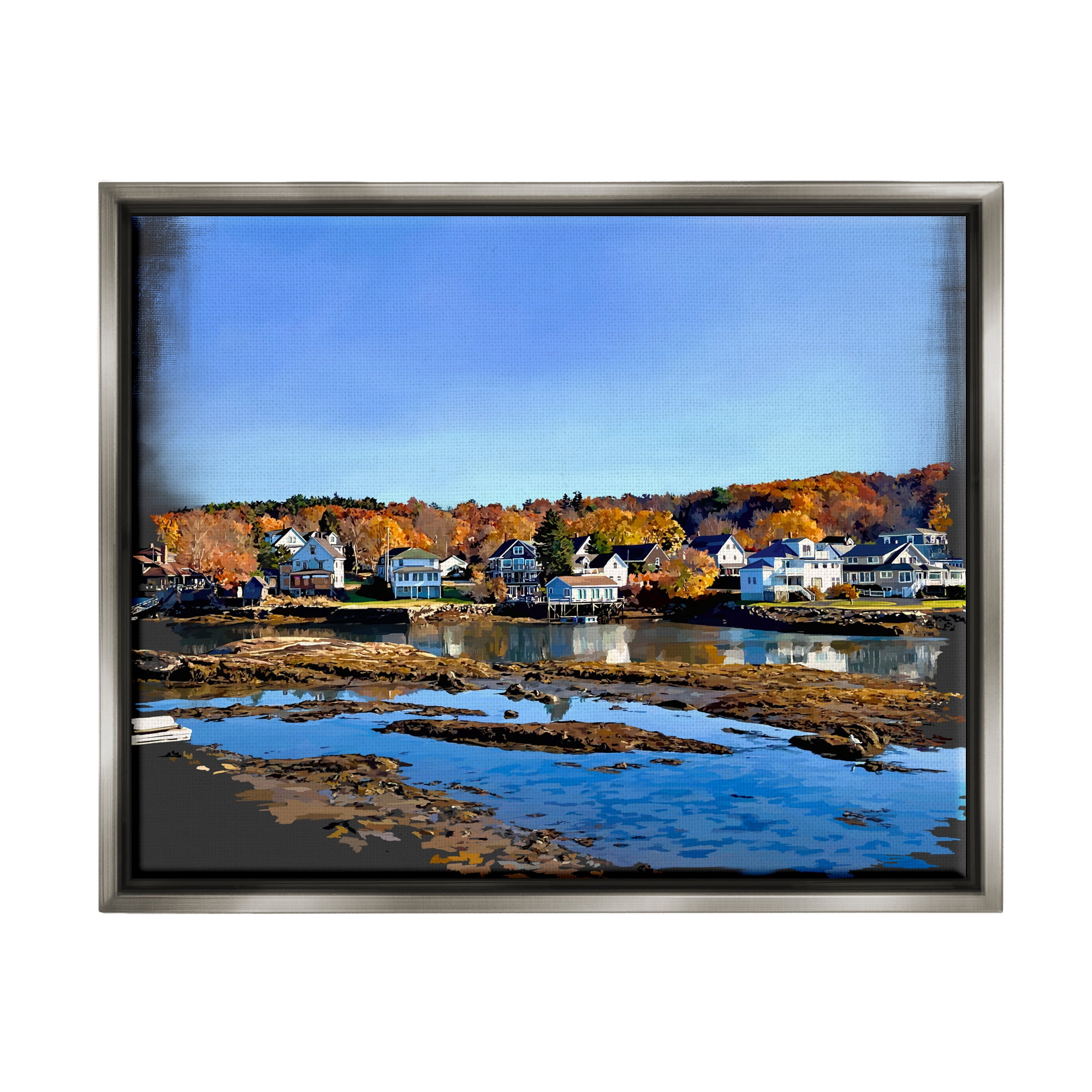 Stupell Industries Autumn Lakeside Foliage Scenery Coastal Photography Gray Floater Framed Art Print Wall Art