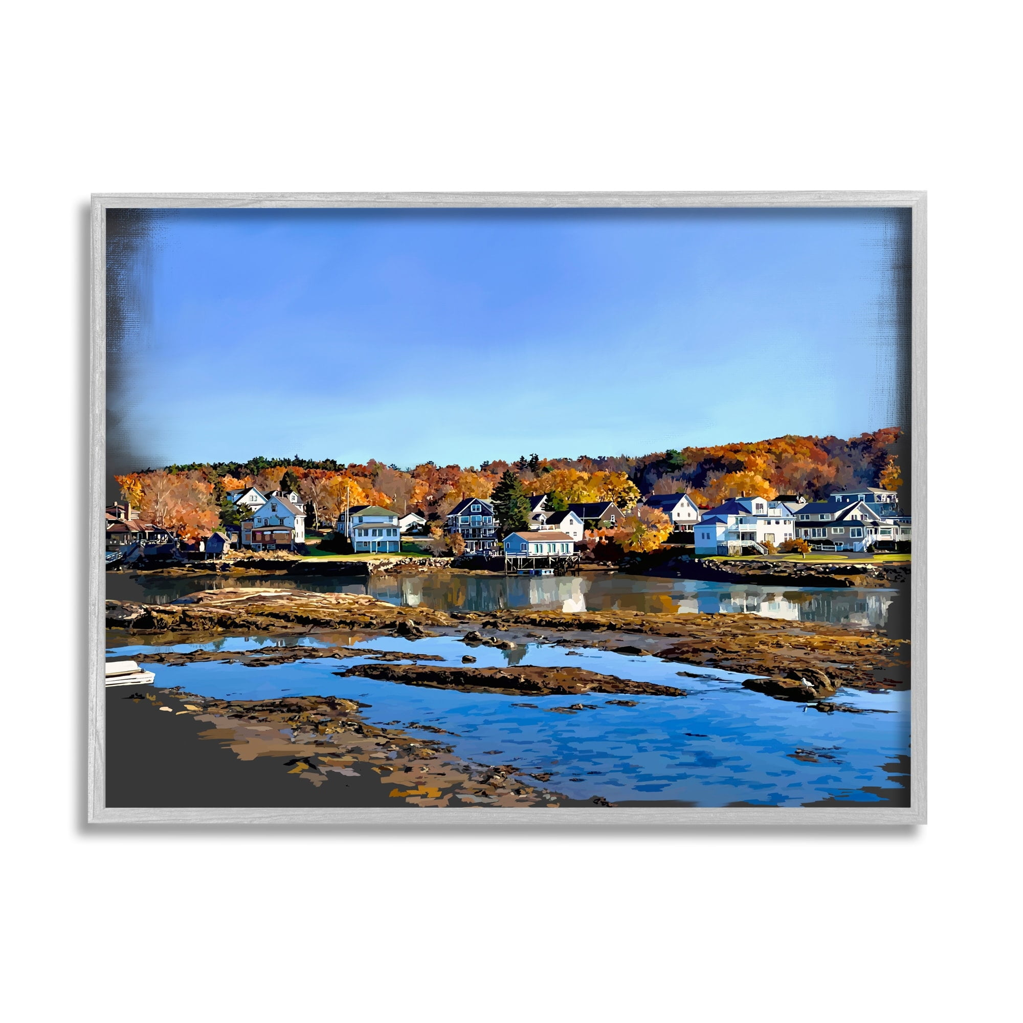 Stupell Industries Autumn Lakeside Foliage Scenery Coastal Photography Gray Framed Art Print Wall Art