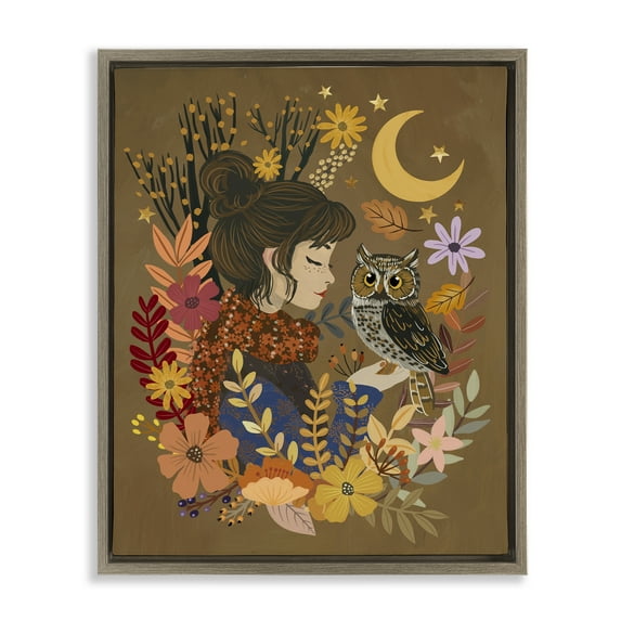 Stupell Industries Autumn Owl & Girl Brown Framed Floater Canvas Wall Art design by Mia Charro, 21 x 17