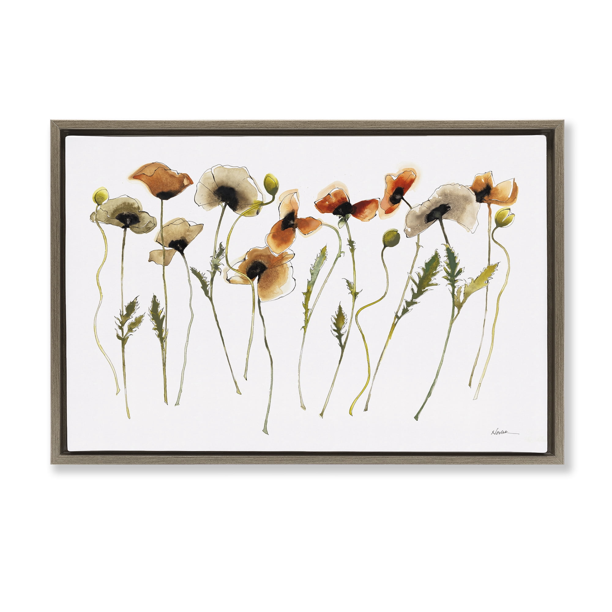 Stupell Industries Autumn Poppy Sprigs Botanical & Floral Painting Brown Floater Framed Art Print Wall Art, 31 x 21