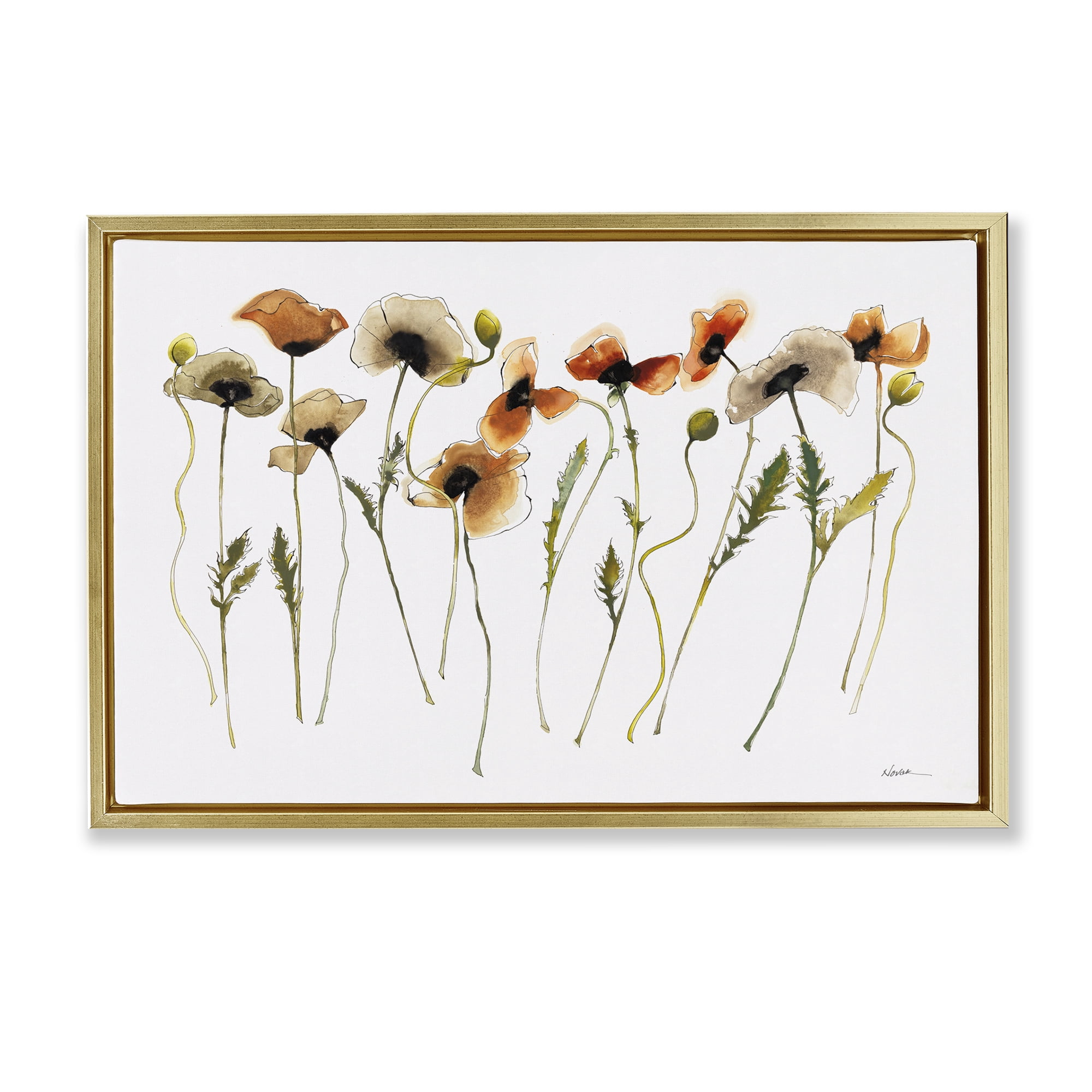 Stupell Industries Autumn Poppy Sprigs Botanical & Floral Painting Gold Floater Framed Art Print Wall Art, 25 x 17