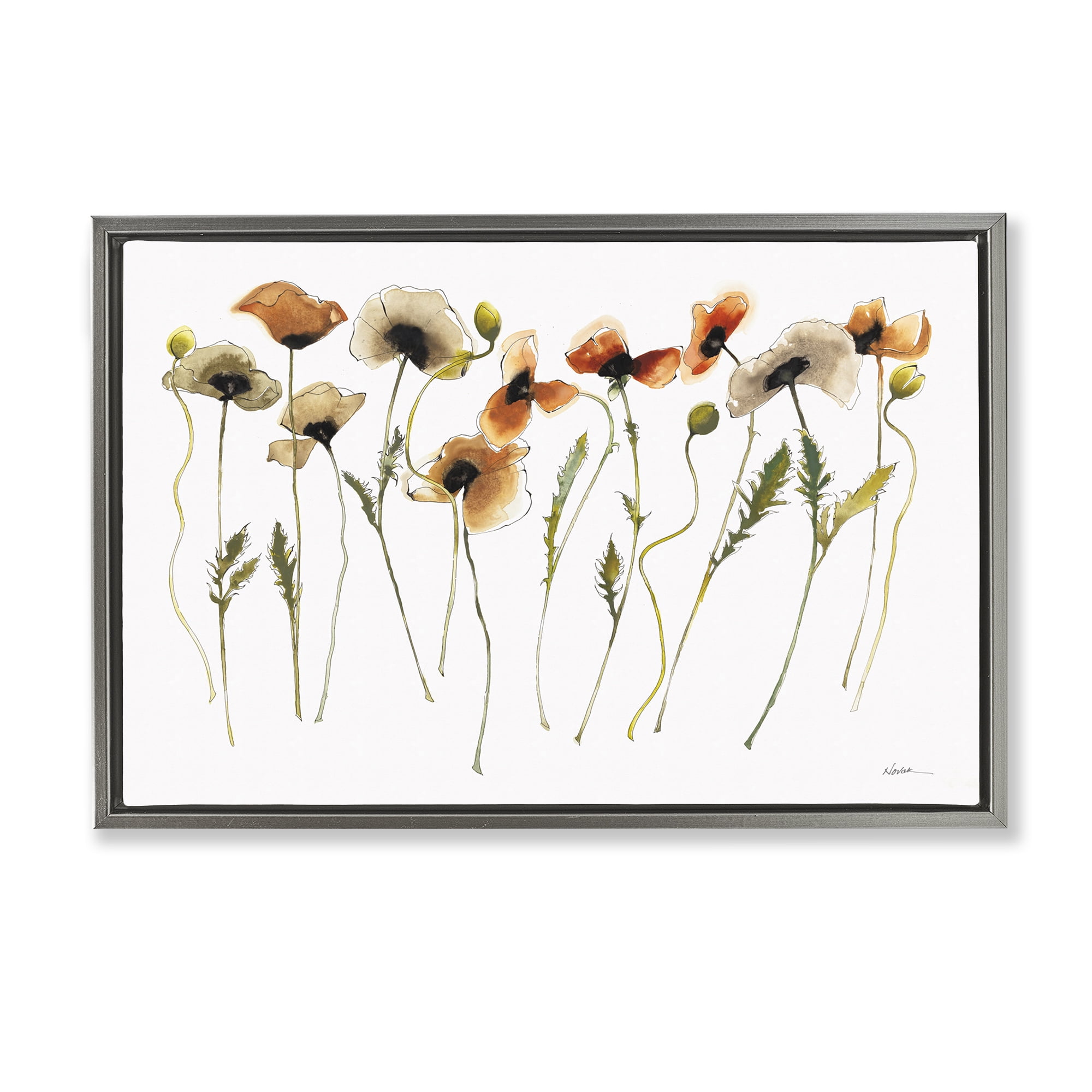Stupell Industries Autumn Poppy Sprigs Botanical & Floral Painting Gray Floater Framed Art Print Wall Art, 25 x 17
