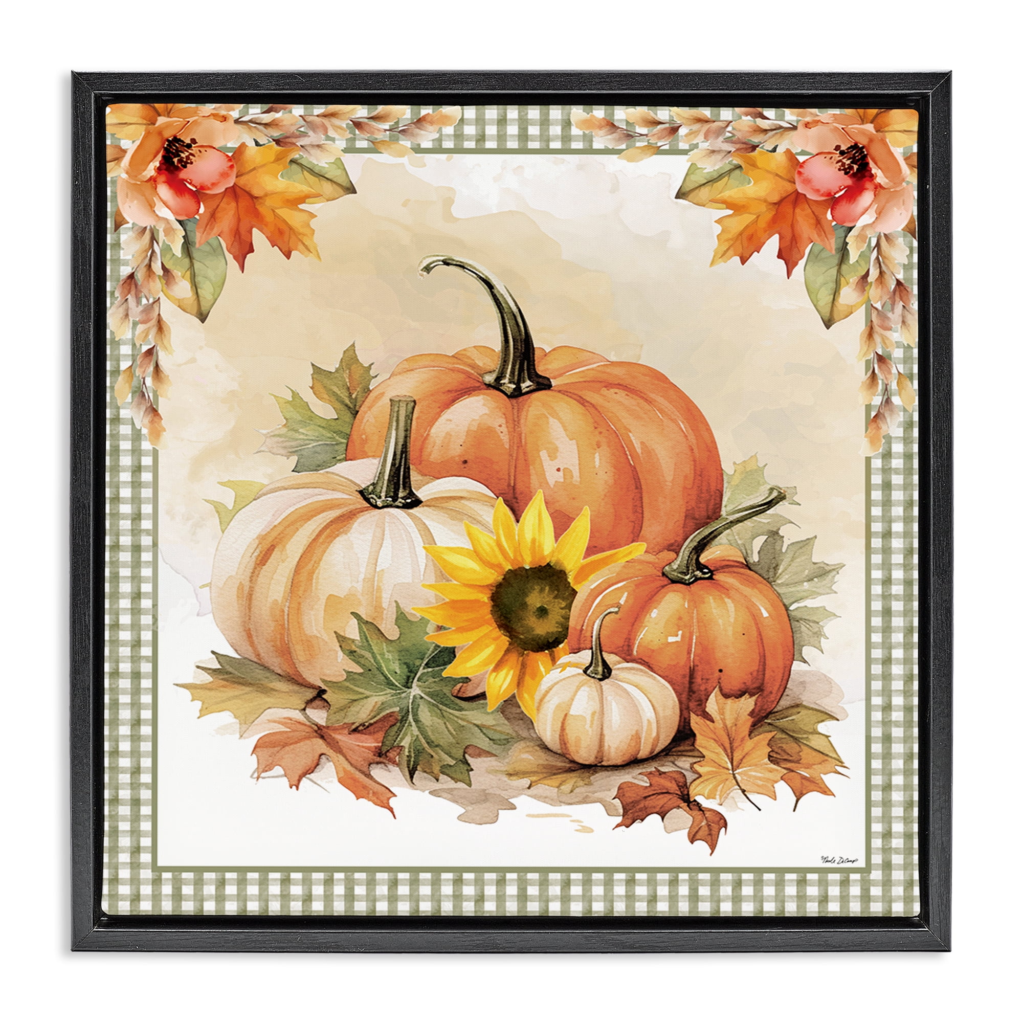 Stupell Industries Autumn Pumpkins Floral Border Botanical & Floral Painting Black Floater Framed Canvas Art Prints Wall Art, 18 x 18