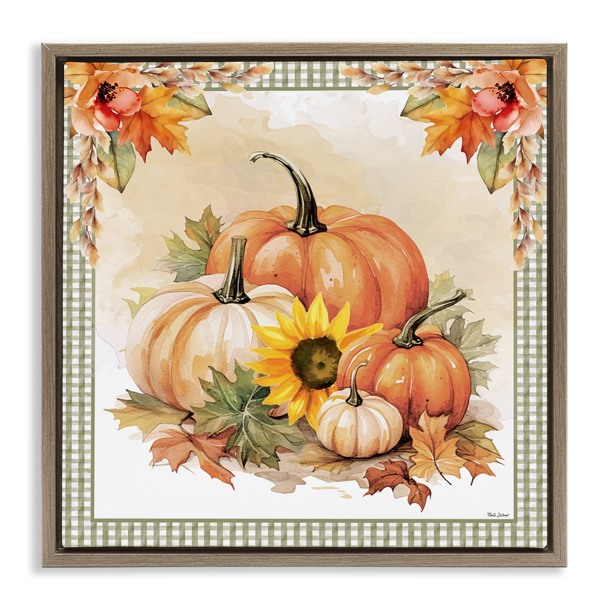 Stupell Industries Autumn Pumpkins Floral Border Botanical & Floral Painting Brown Floater Framed Canvas Art Prints Wall Art, 25 x 25