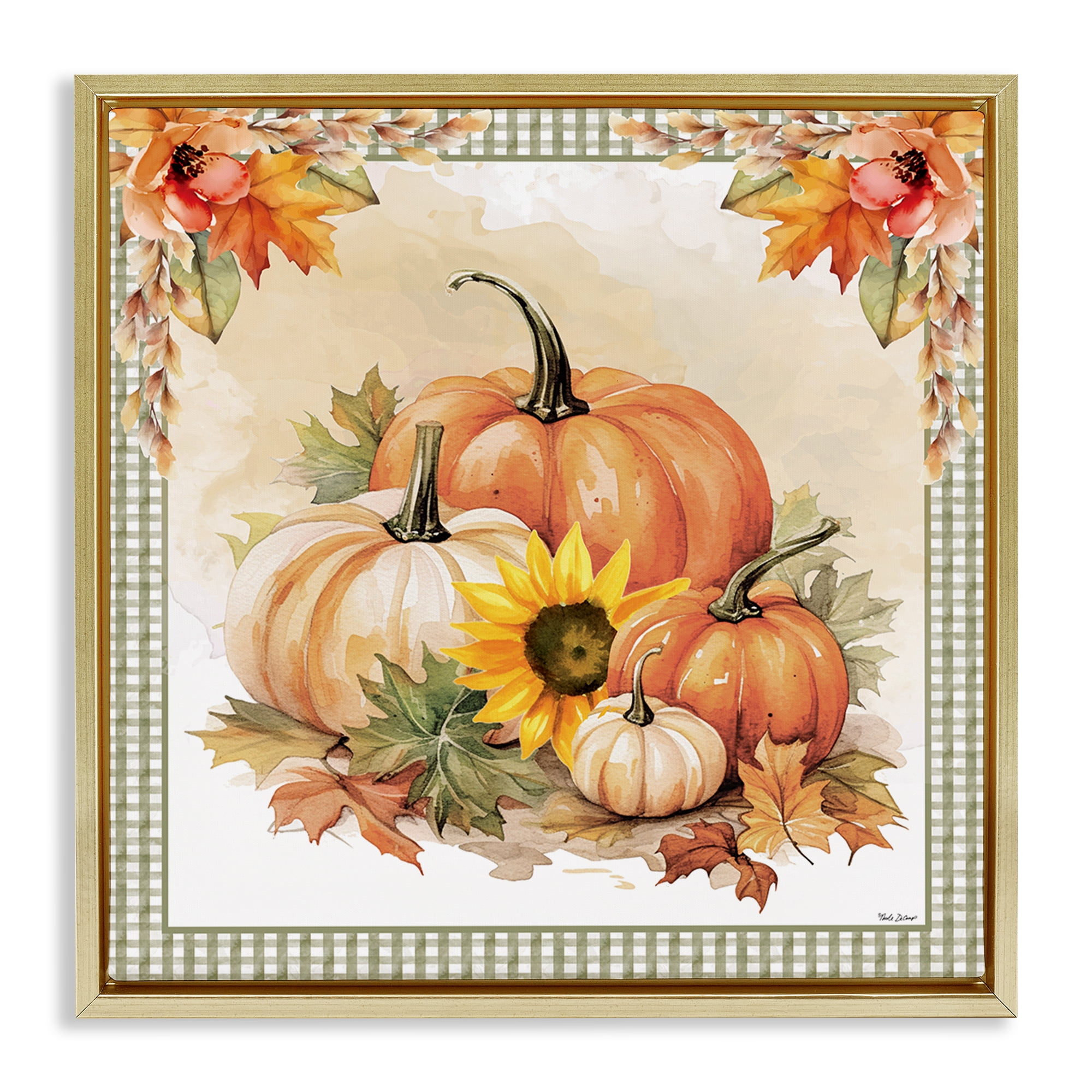 Stupell Industries Autumn Pumpkins Floral Border Botanical & Floral Painting Gold Floater Framed Canvas Art Prints Wall Art, 18 x 18