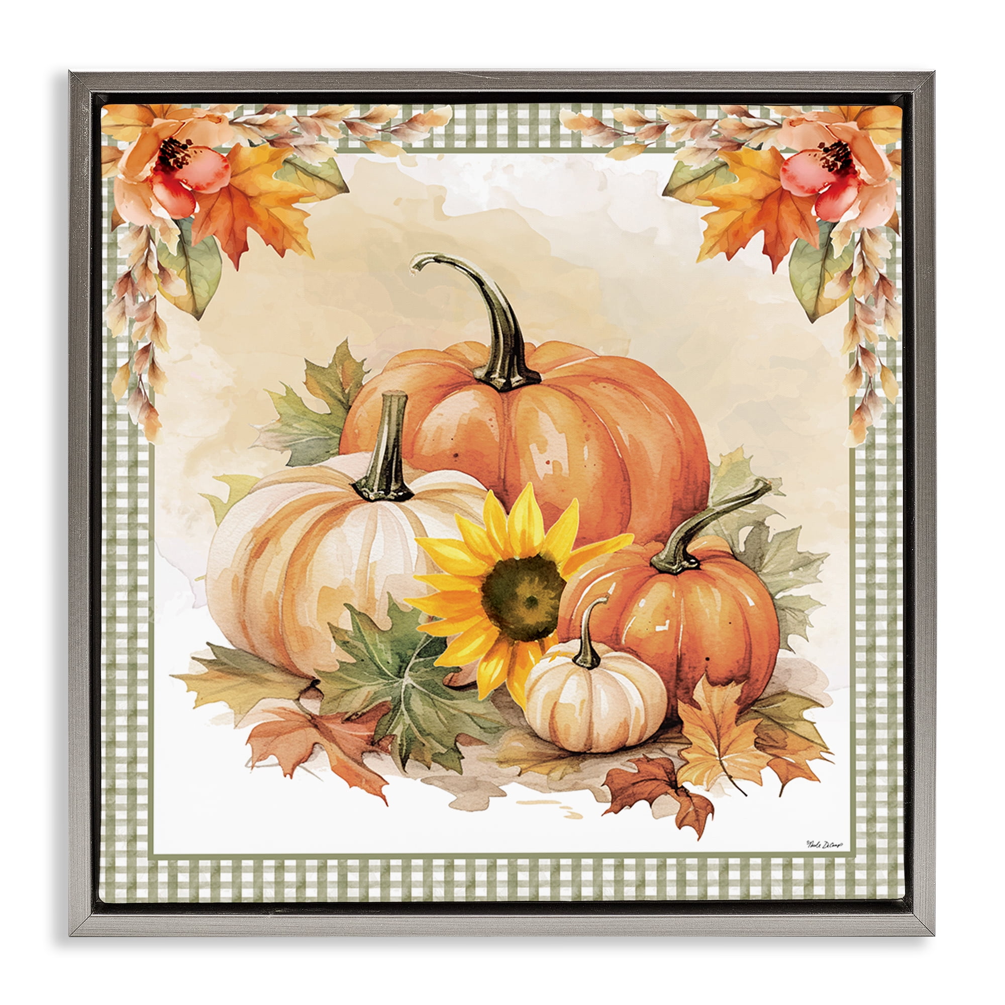 Stupell Industries Autumn Pumpkins Floral Border Botanical & Floral Painting Gray Floater Framed Canvas Art Prints Wall Art, 25 x 25