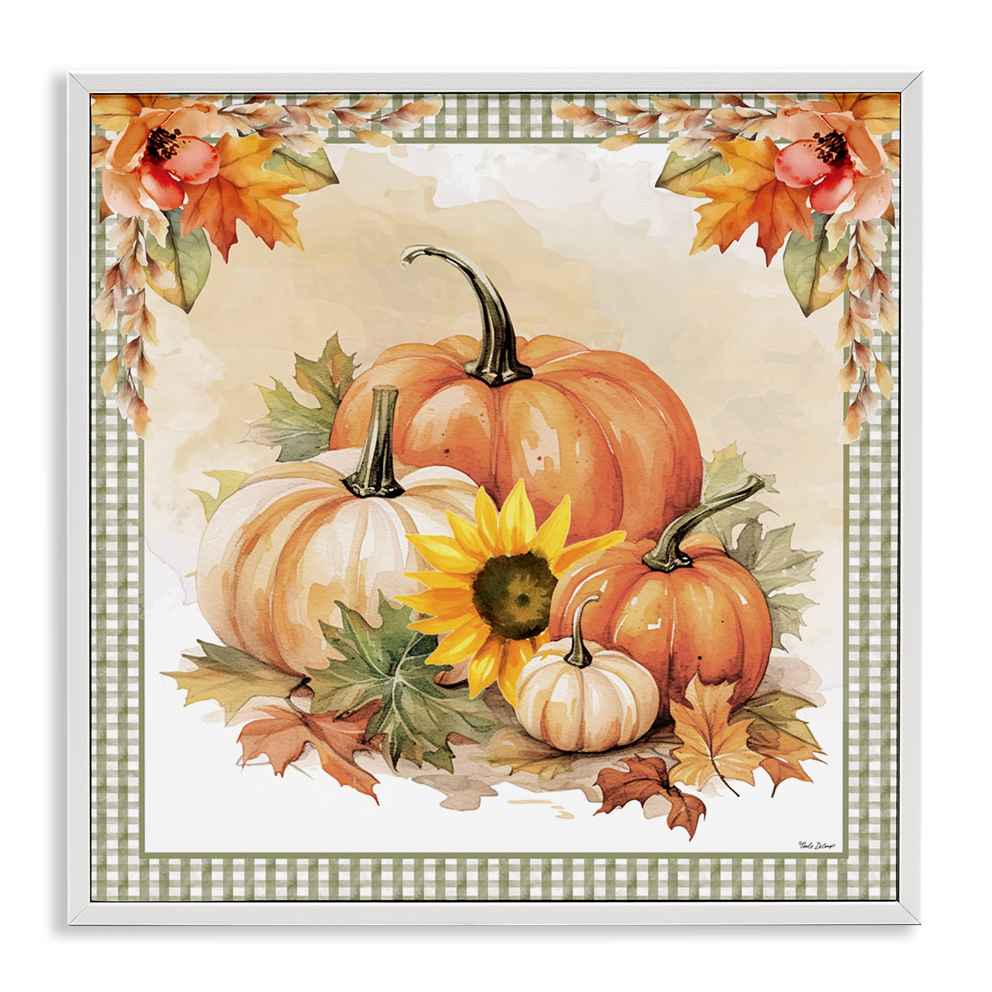Stupell Industries Autumn Pumpkins Floral Border Botanical & Floral Painting White Framed Art Prints Wall Art, 24 x 24