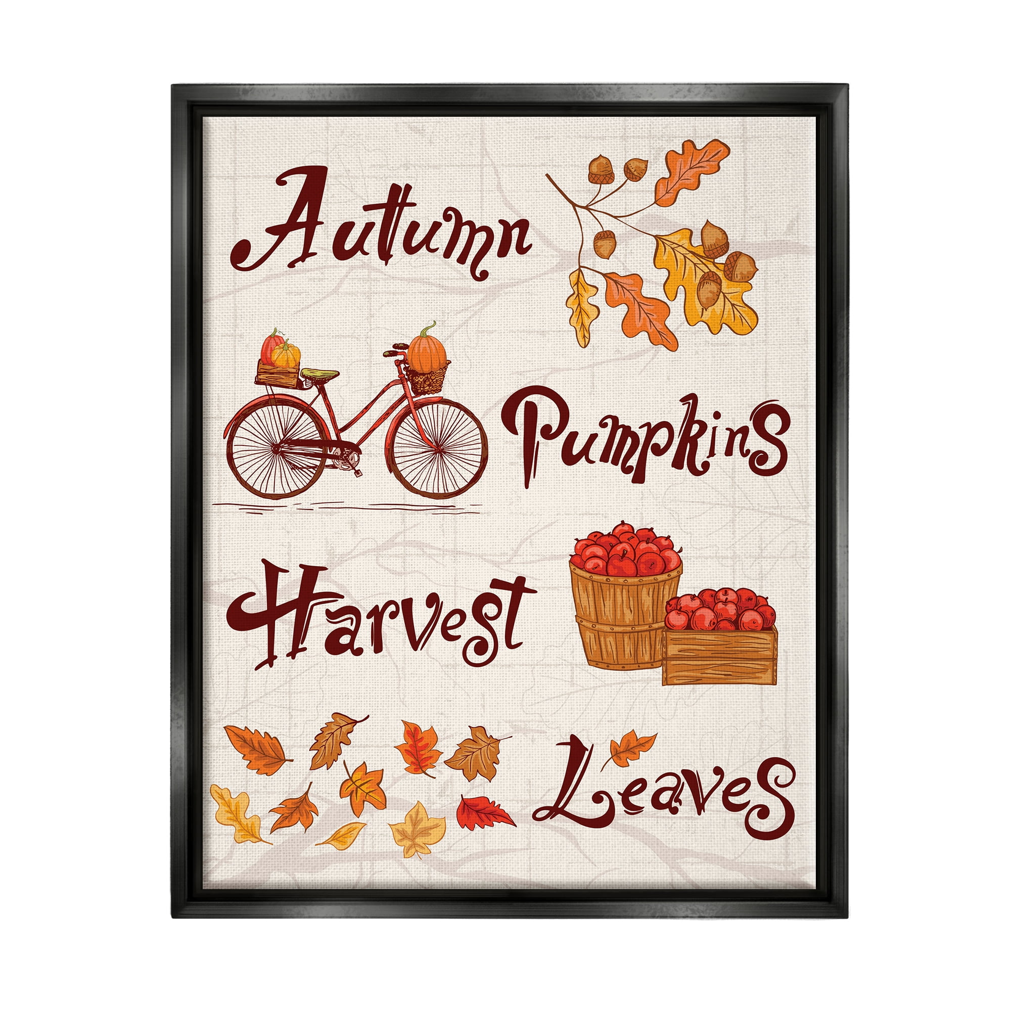 Stupell Industries Autumn Pumpkins Harvest Leaves Botanical & Floral Painting Black Floater Framed Canvas Art Print Wall Art, 17 x 21