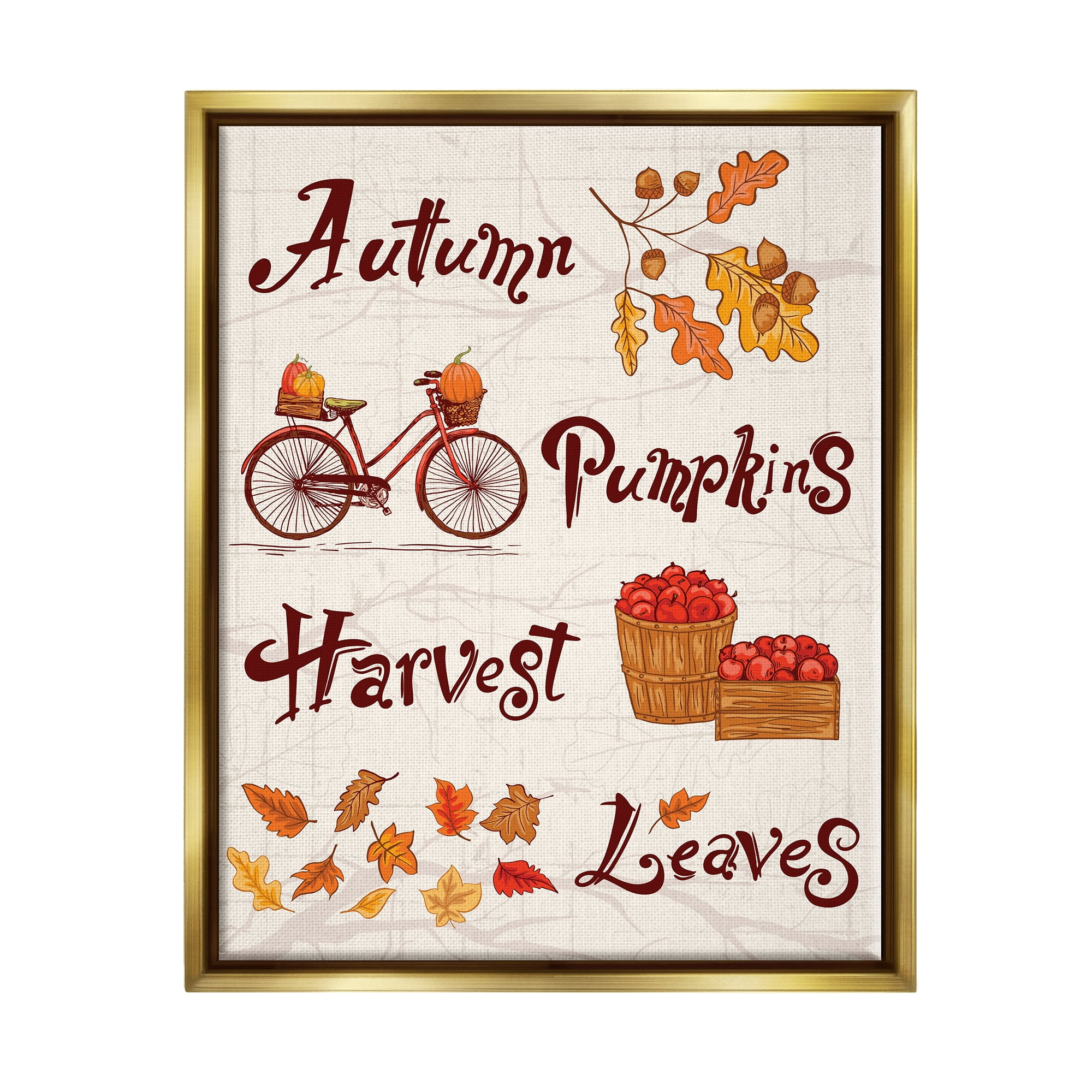 Stupell Industries Autumn Pumpkins Harvest Leaves Botanical & Floral Painting Gold Floater Framed Canvas Art Print Wall Art, 17 x 21
