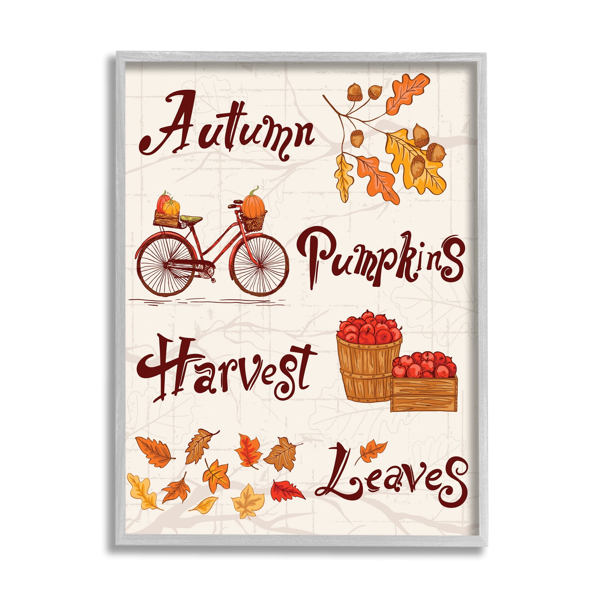 Stupell Industries Autumn Pumpkins Harvest Leaves Botanical & Floral Painting Gray Framed Art Print Wall Art, 16 x 20