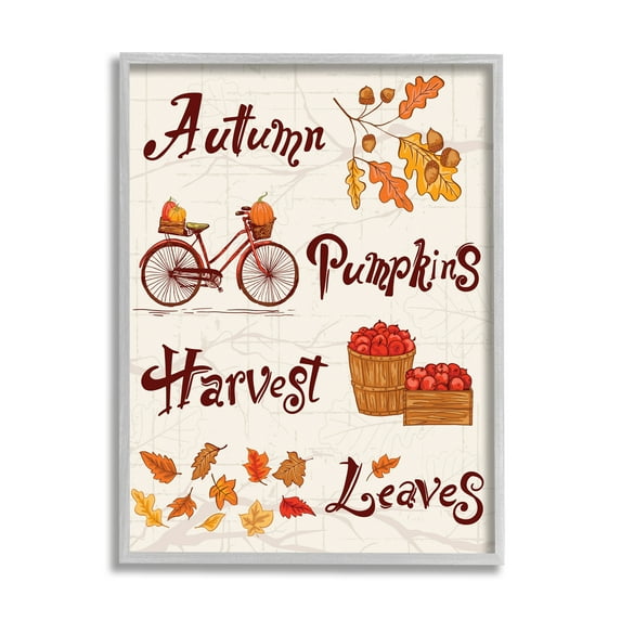 Stupell Industries Autumn Pumpkins Harvest Leaves Botanical & Floral Painting Gray Framed Art Print Wall Art, 24 x 30