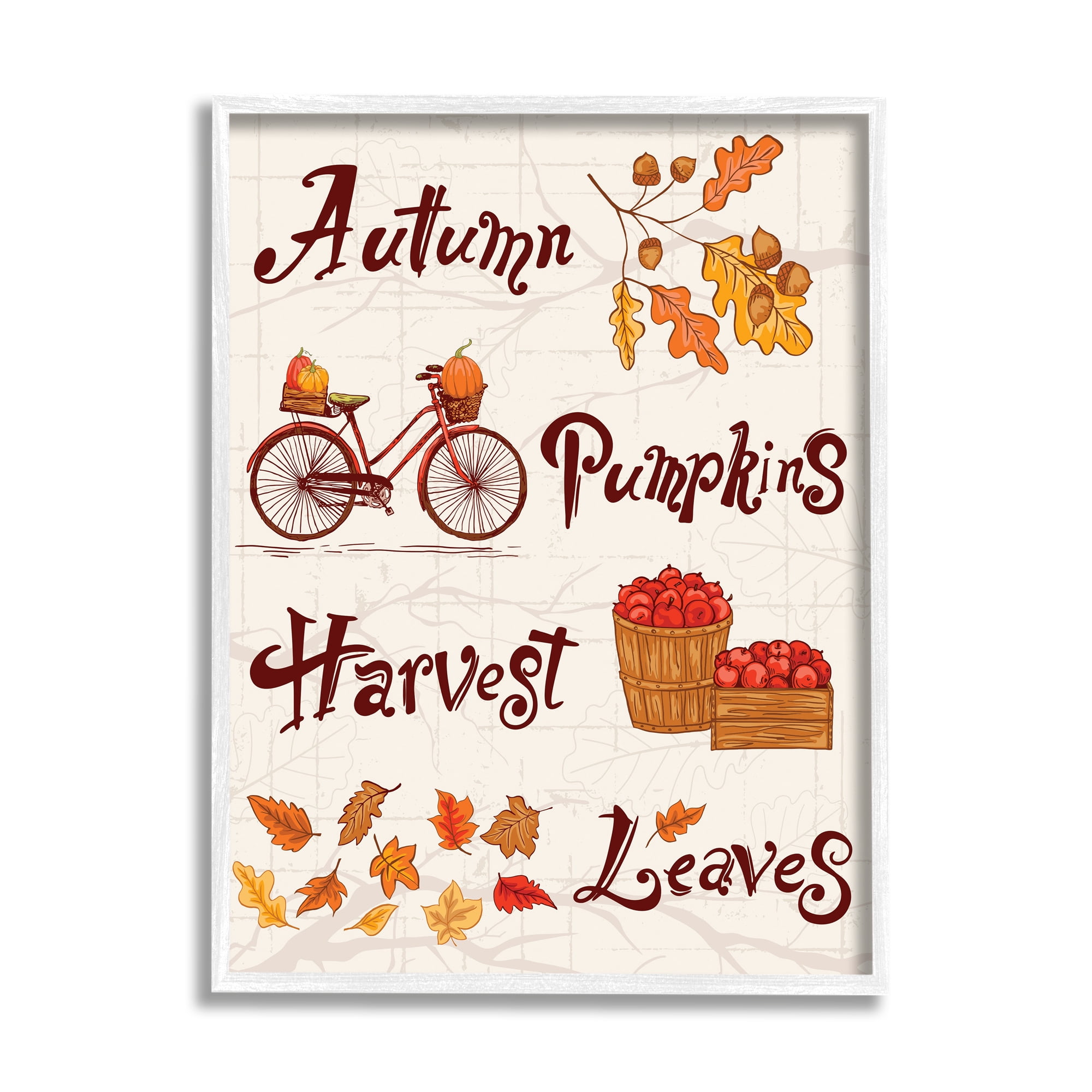 Stupell Industries Autumn Pumpkins Harvest Leaves Botanical & Floral Painting White Framed Art Print Wall Art, 11 x 14