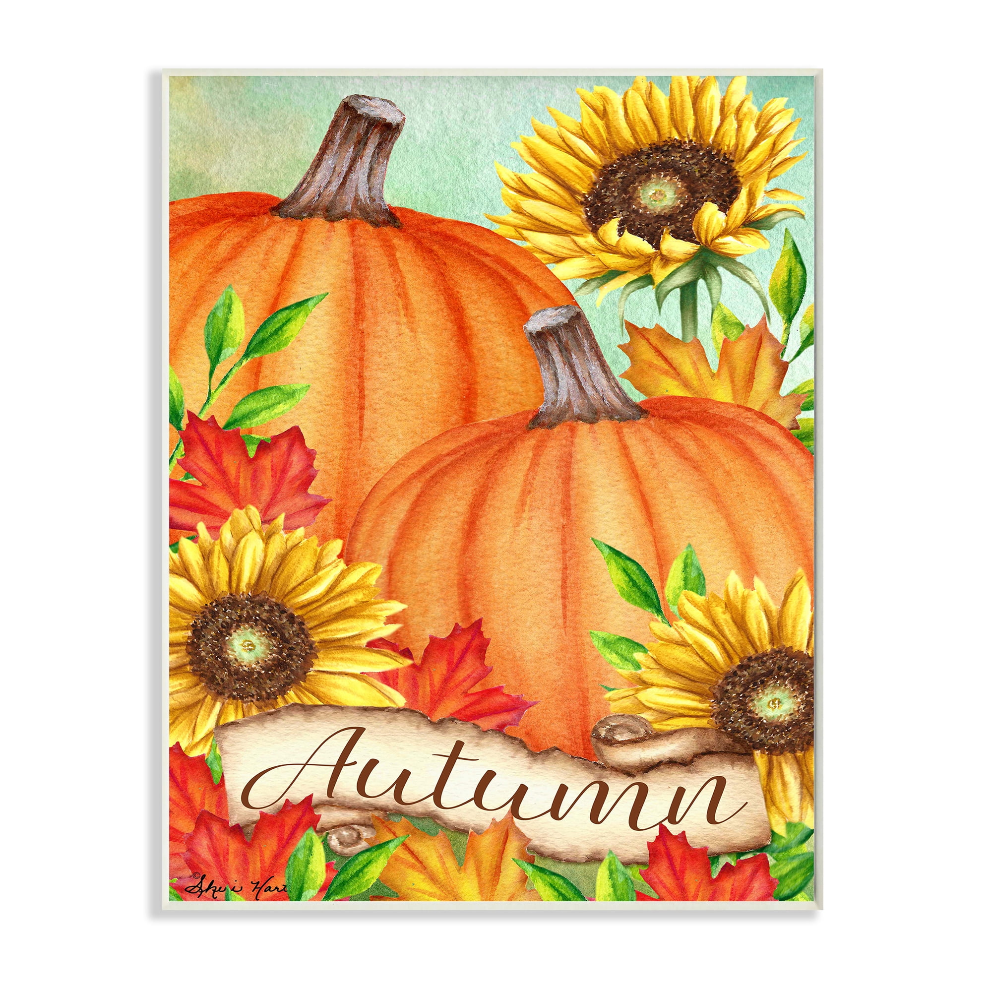 Stupell Industries Autumn Pumpkins with Sunflowers Red Leaves Wall Plaque Design by Sheri Hart