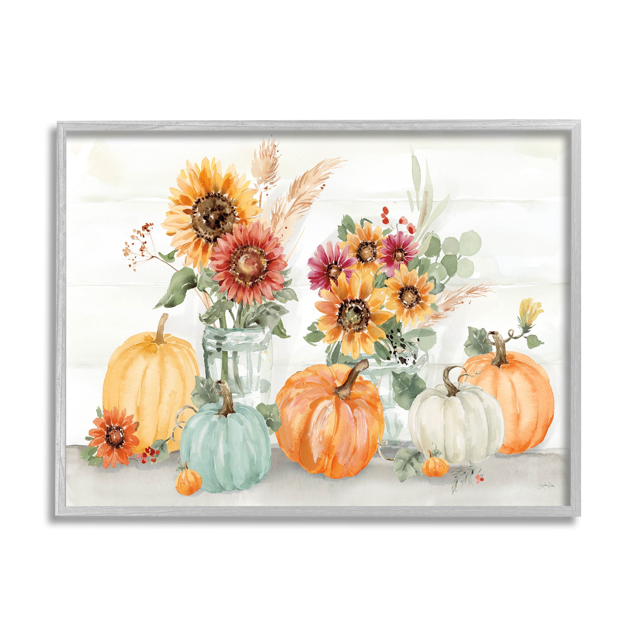 Autumn Floral and Pumpkin Print on Canvas with Gray Frame