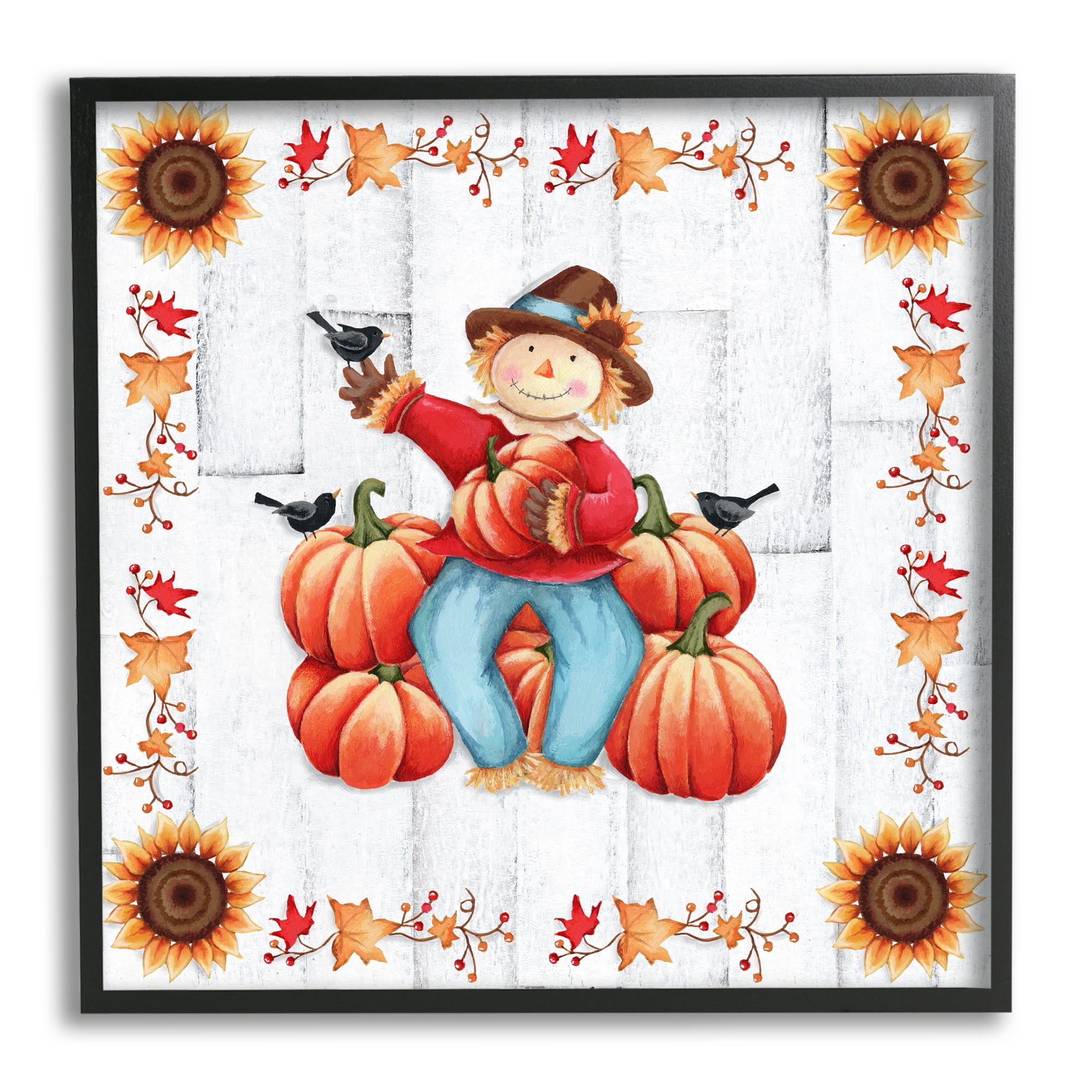 Stupell Industries Autumn Scarecrow & Pumpkins Holiday Painting Black Framed Art Print Wall Art, 12 x 12